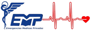 Logotipo azul de EMP Emergencias Médicas Privadas con una línea roja de frecuencia cardíaca e icono de corazón.
