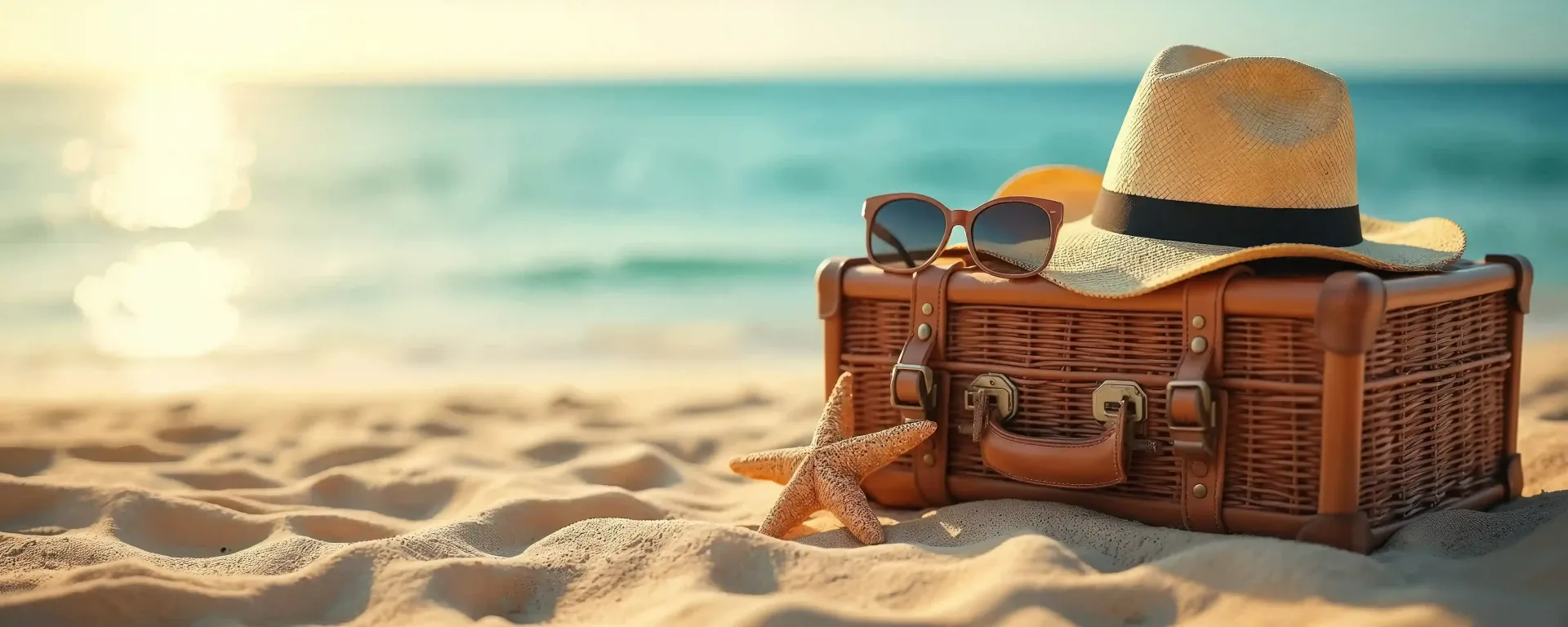 Suitcase on the sand by the sea, beach accessories ready for a vacation in San Andrés.