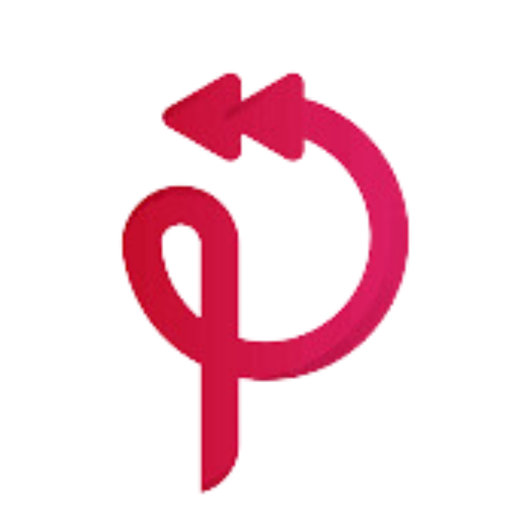 Rode letter "p" met een pijl eromheen, als een terugspoelsymbool.