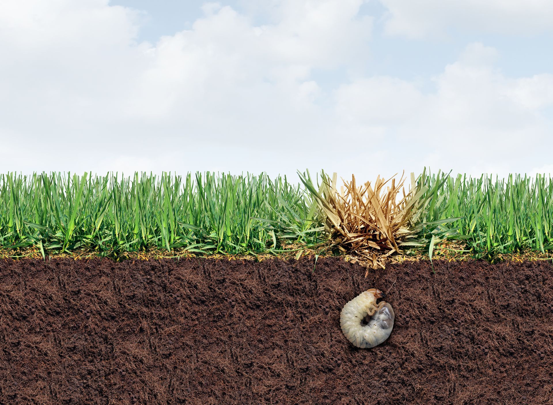 A grub larva curls in soil beneath a patch of dead, brown grass surrounded by healthy green turf.
