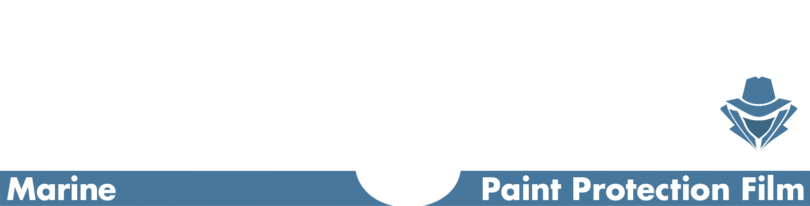 Blue banner with “Marine” and “Paint Protection Film” text separated by a white center notch