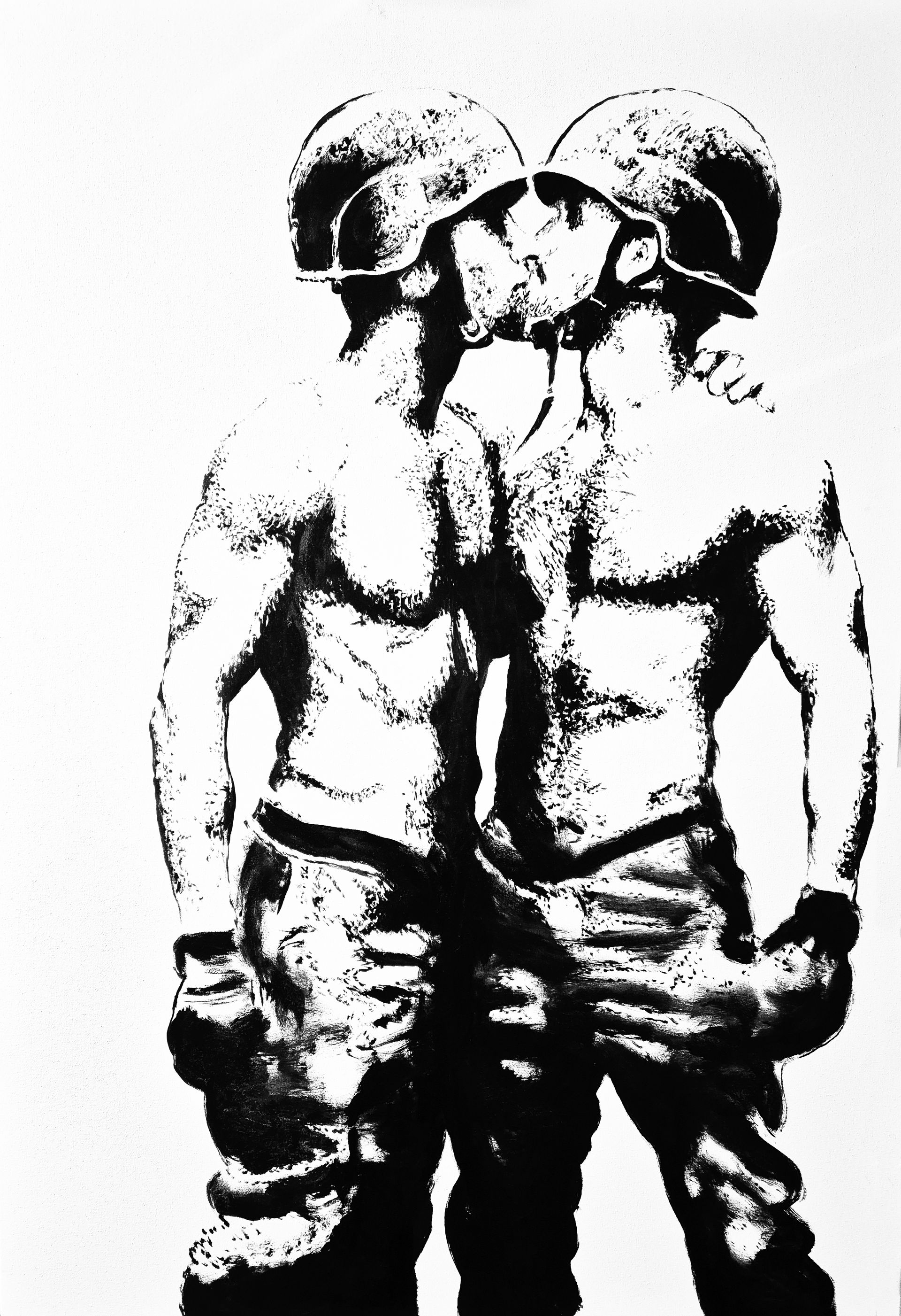 A high-contrast black and white graphic showing two people in helmets and combat gear embracing and kissing.
