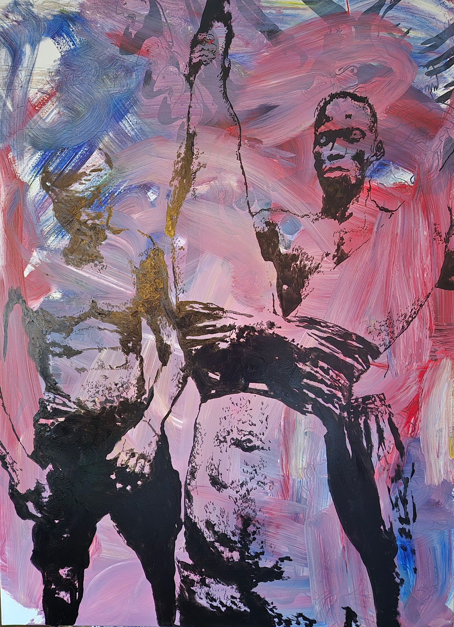 Expressionist painting of two figures against a vibrant pink and blue background by Garbade