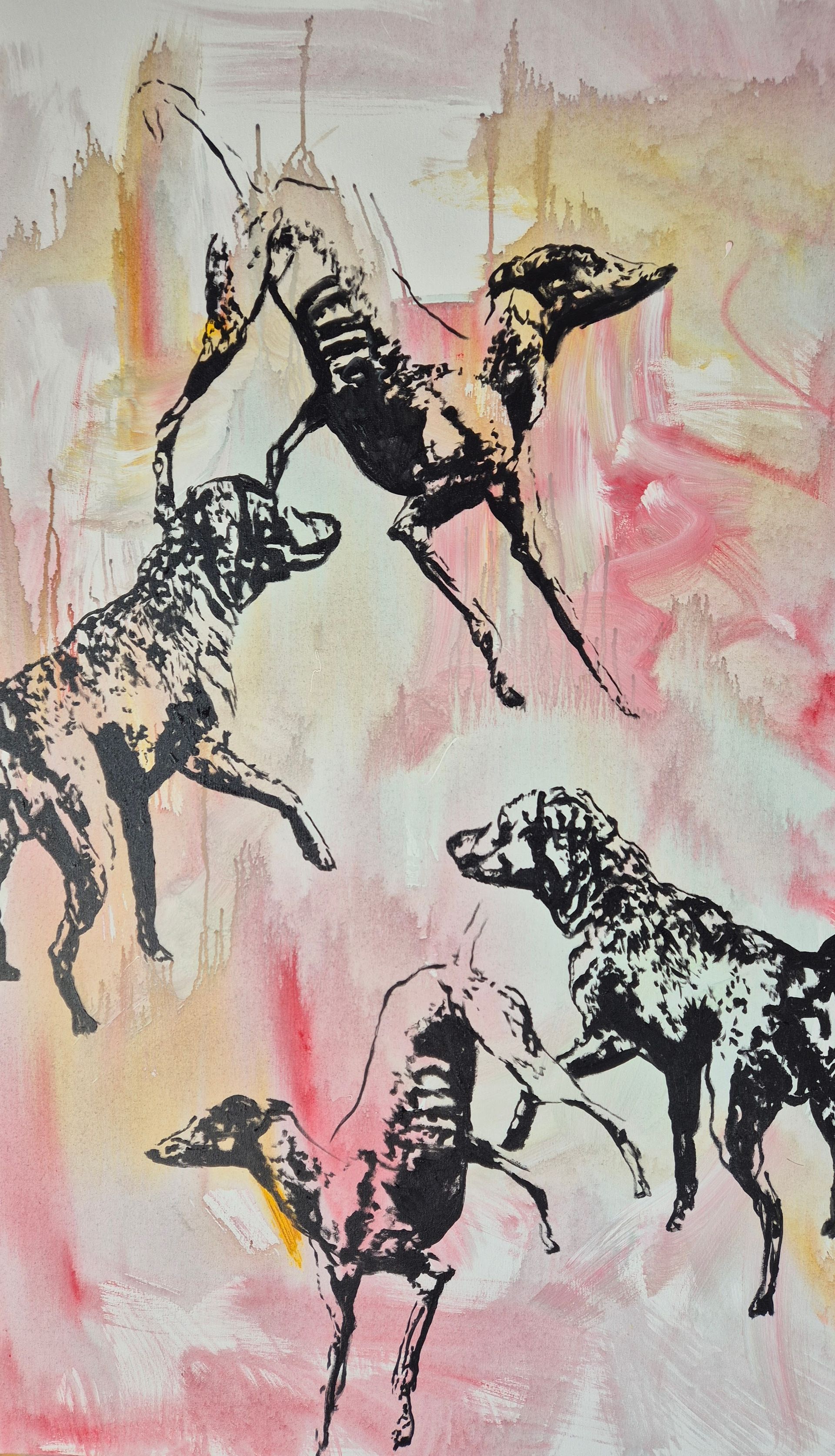 Four black ink-style dogs leap and run across a soft, abstract background of blended pink and orange watercolor washes.
