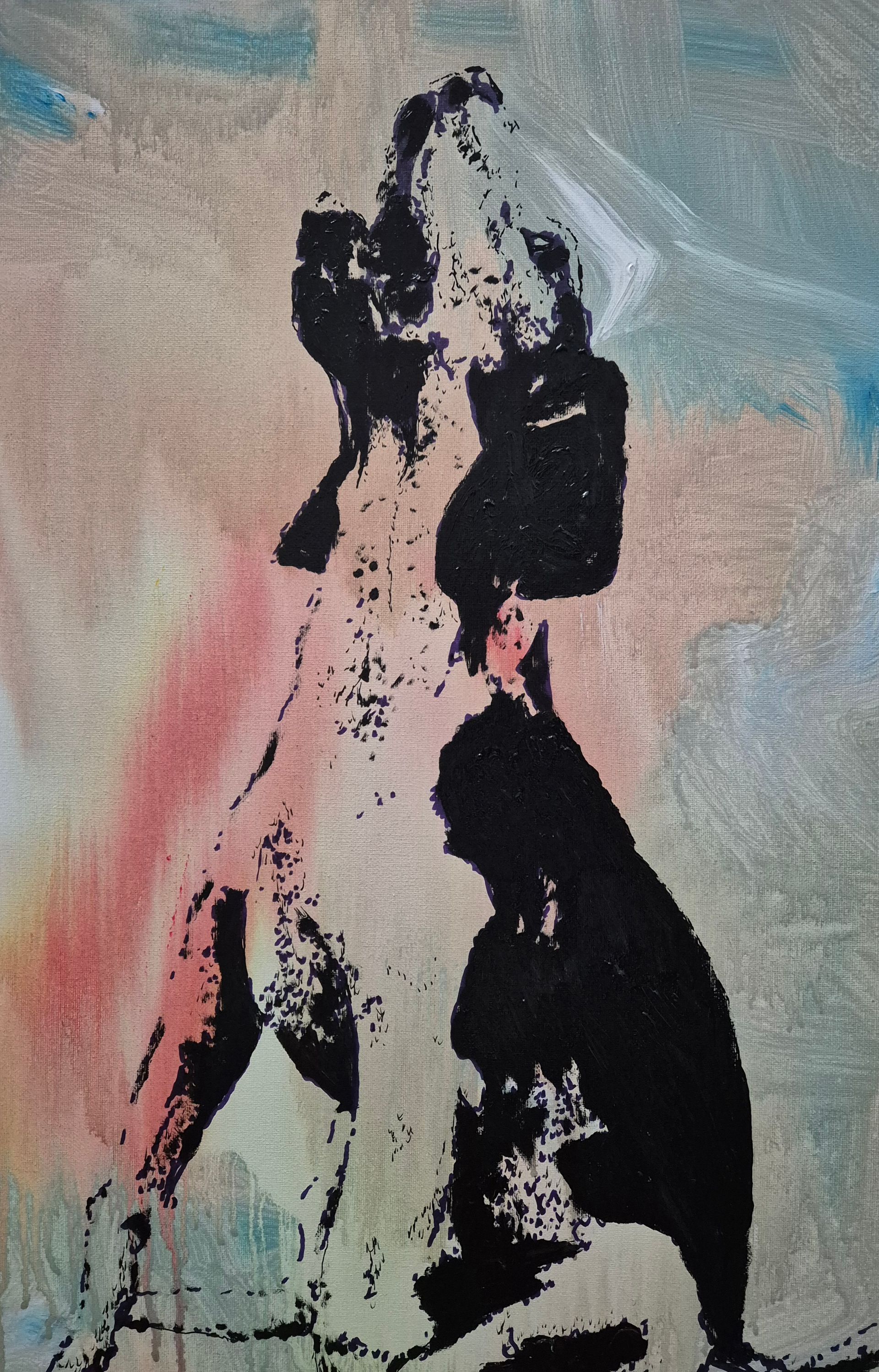 An expressionistic painting of a dog with black and white fur howling upward against a muted, abstract background.
