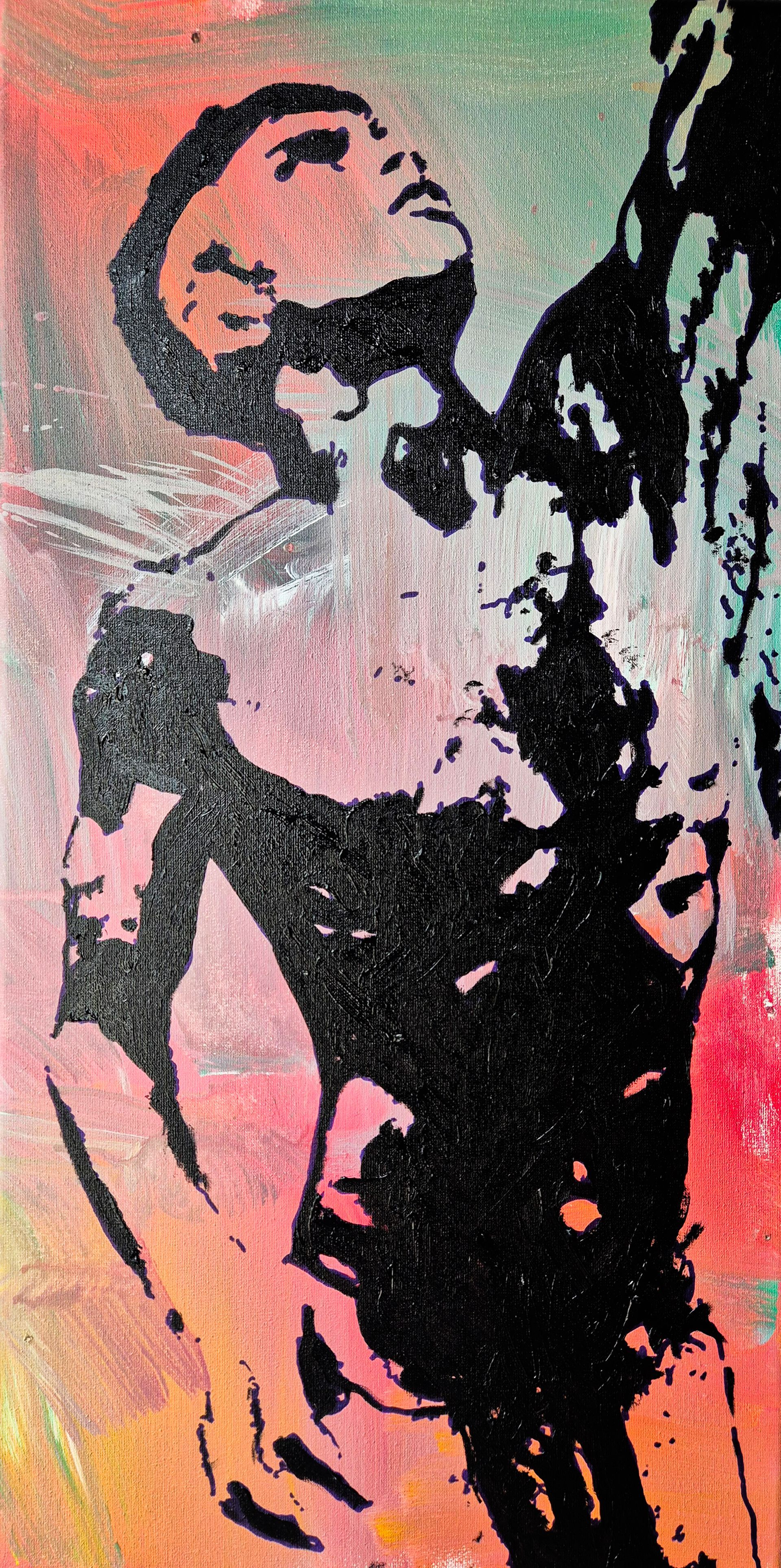 Black-and-pink stylized portrait of a person looking upward against a colorful background