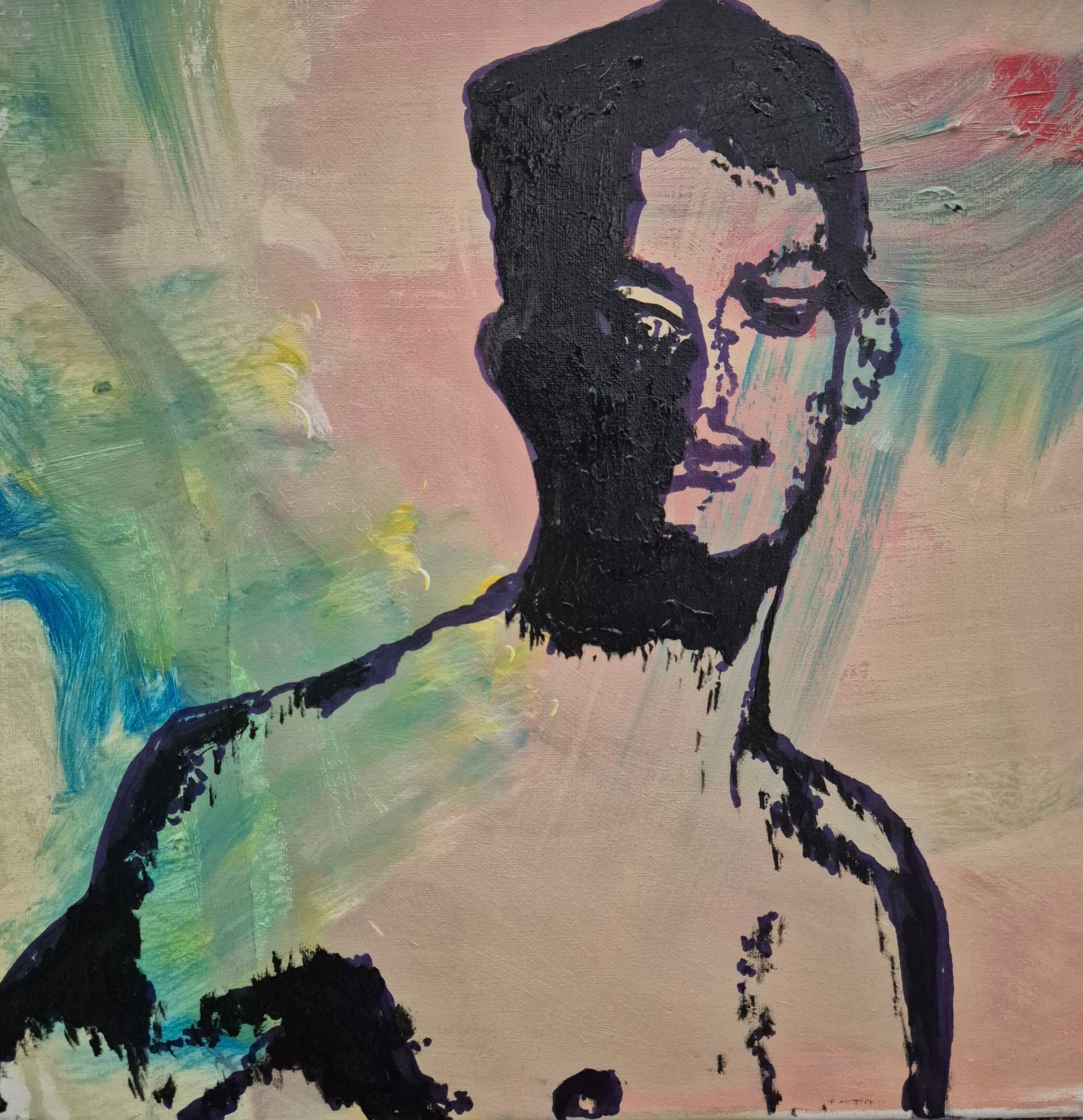  portrait of a shirtless person in black and pastel brushstrokes on a textured background