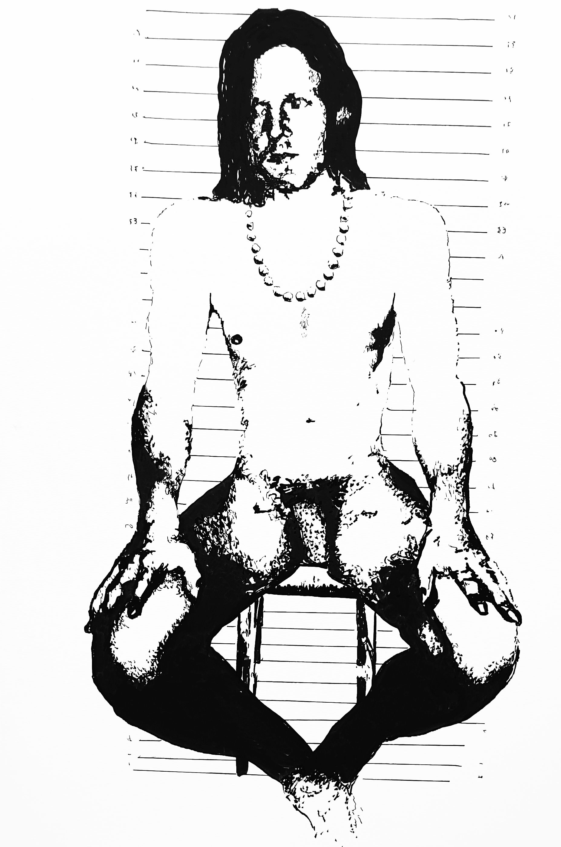 A high-contrast black and white drawing of a person sitting on a stool in a meditative pose with their hands on their knees.