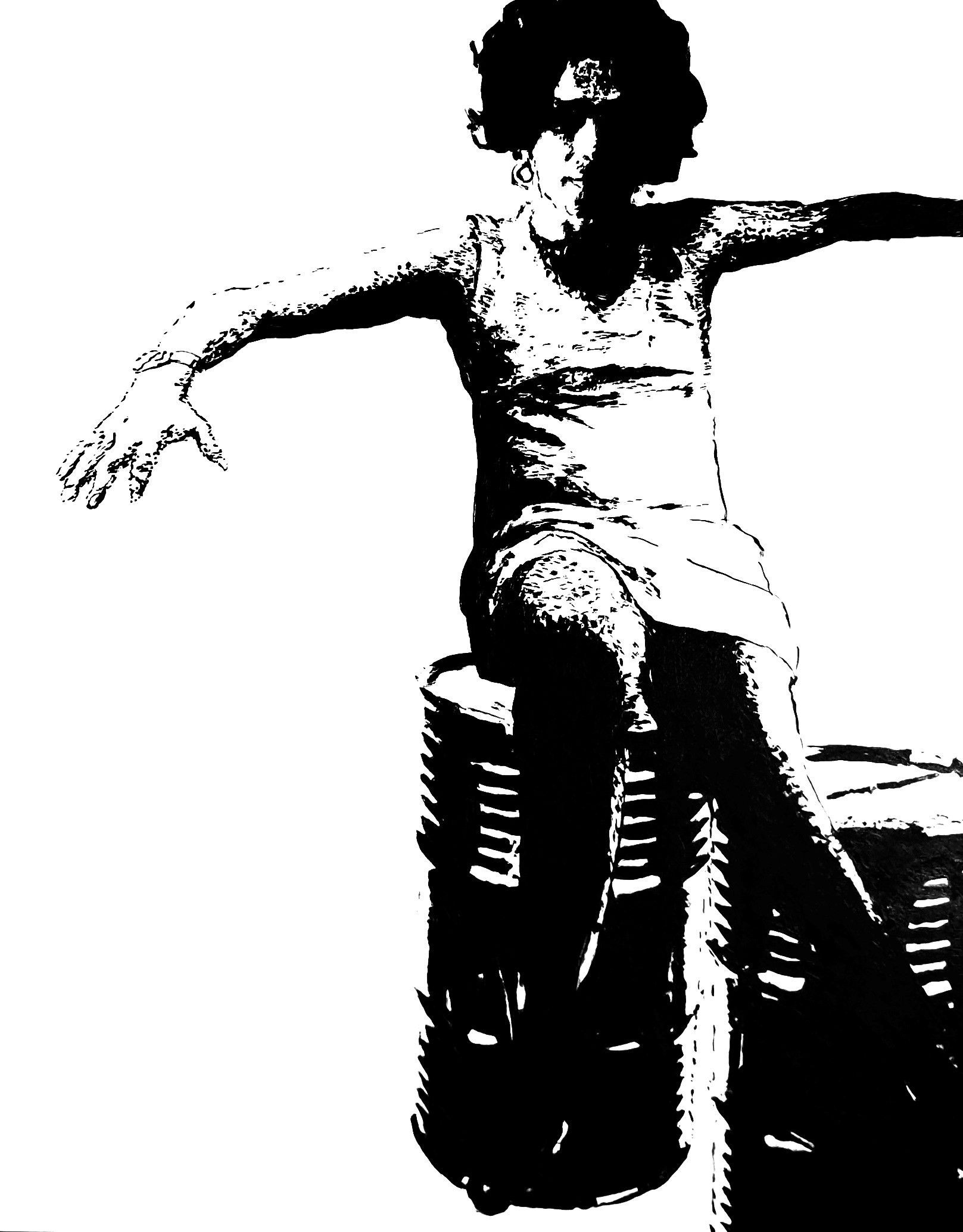 person with curly hair sitting on two industrial barrels with arms outstretched.