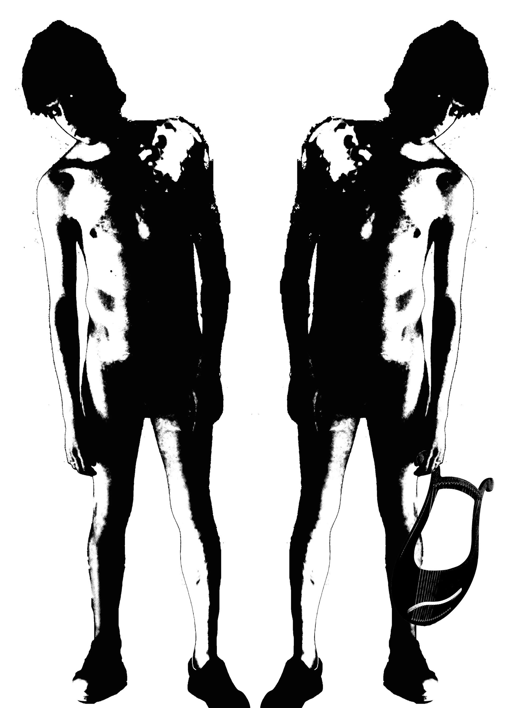 A high-contrast, black and white silhouette of two mirrored figures standing with heads bowed, one holding a lyre.
