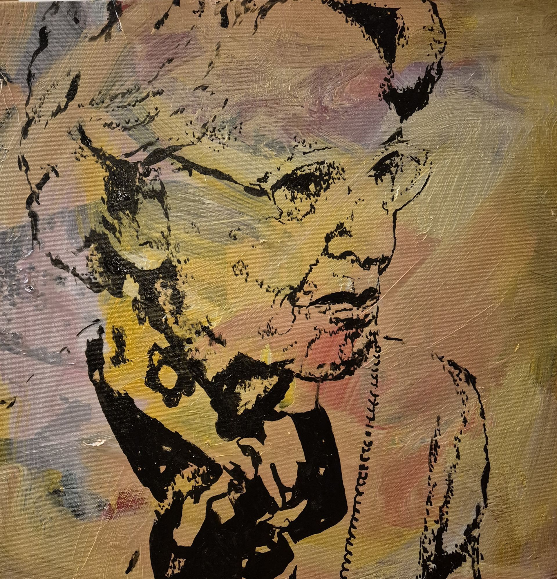A stylized portrait of Ariane garbade in black ink on a textured, multicolored background 