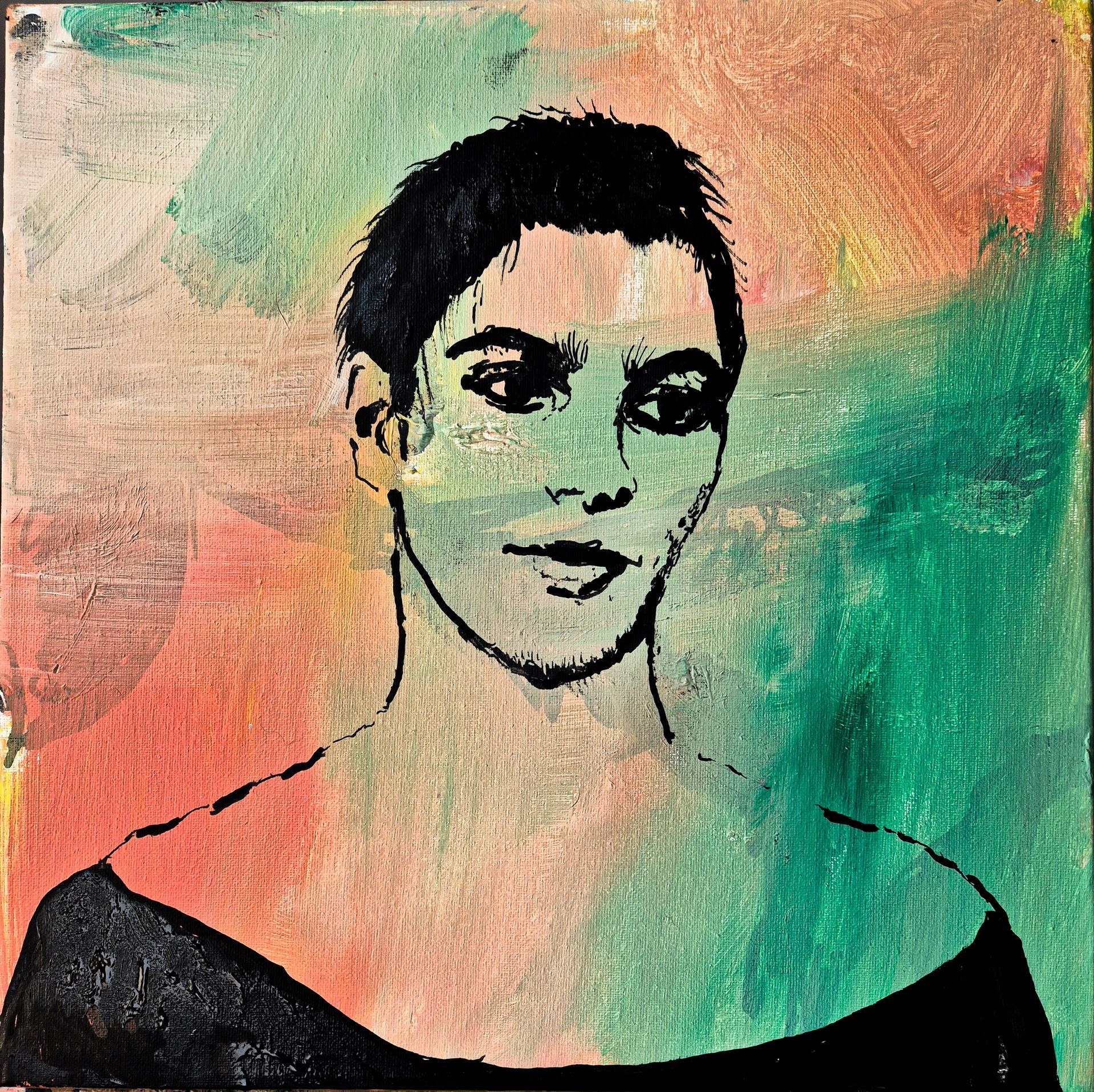 Stylized portrait of a person with short dark hair against a colorful pink, green, and orange background