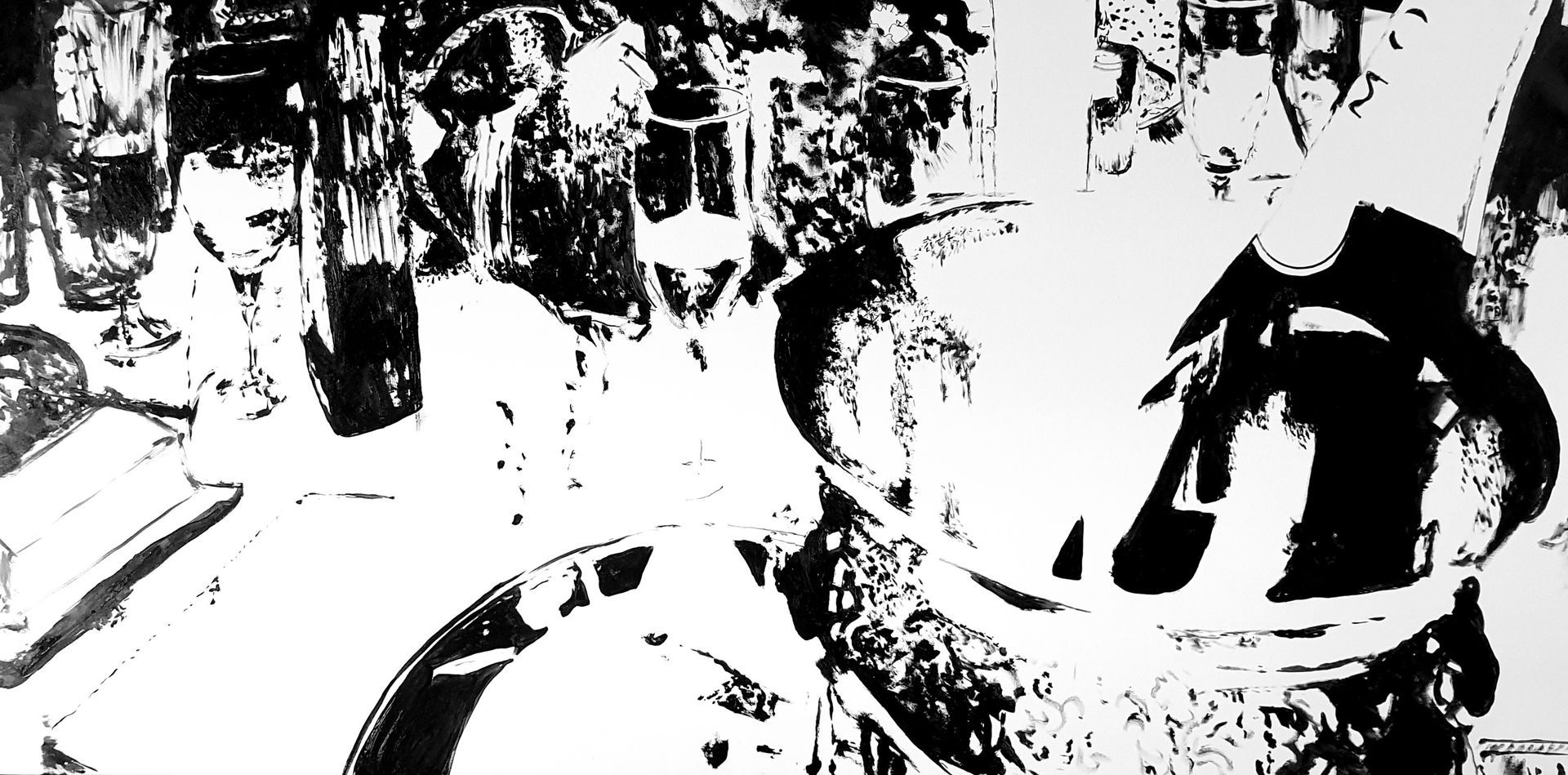 a black and white painting of a dinner table by artist garbade