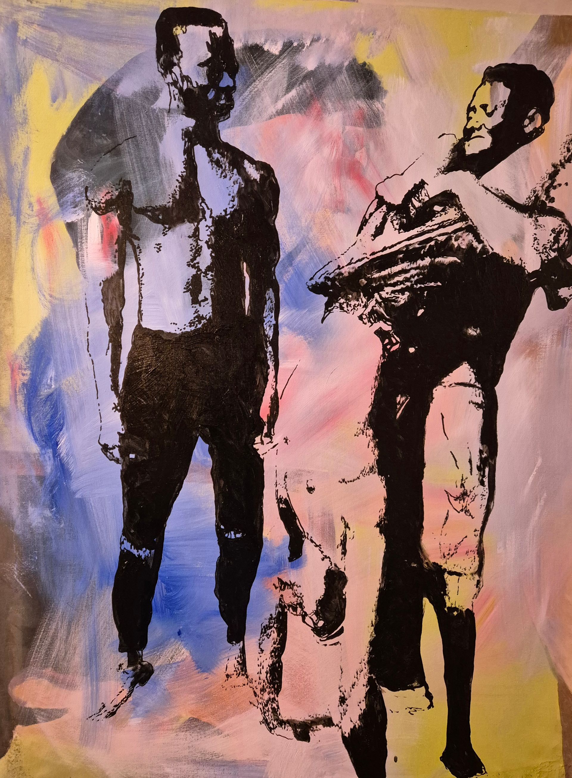 Abstract painting of two standing figures in dark tones against a pink, blue, and beige background by garbade