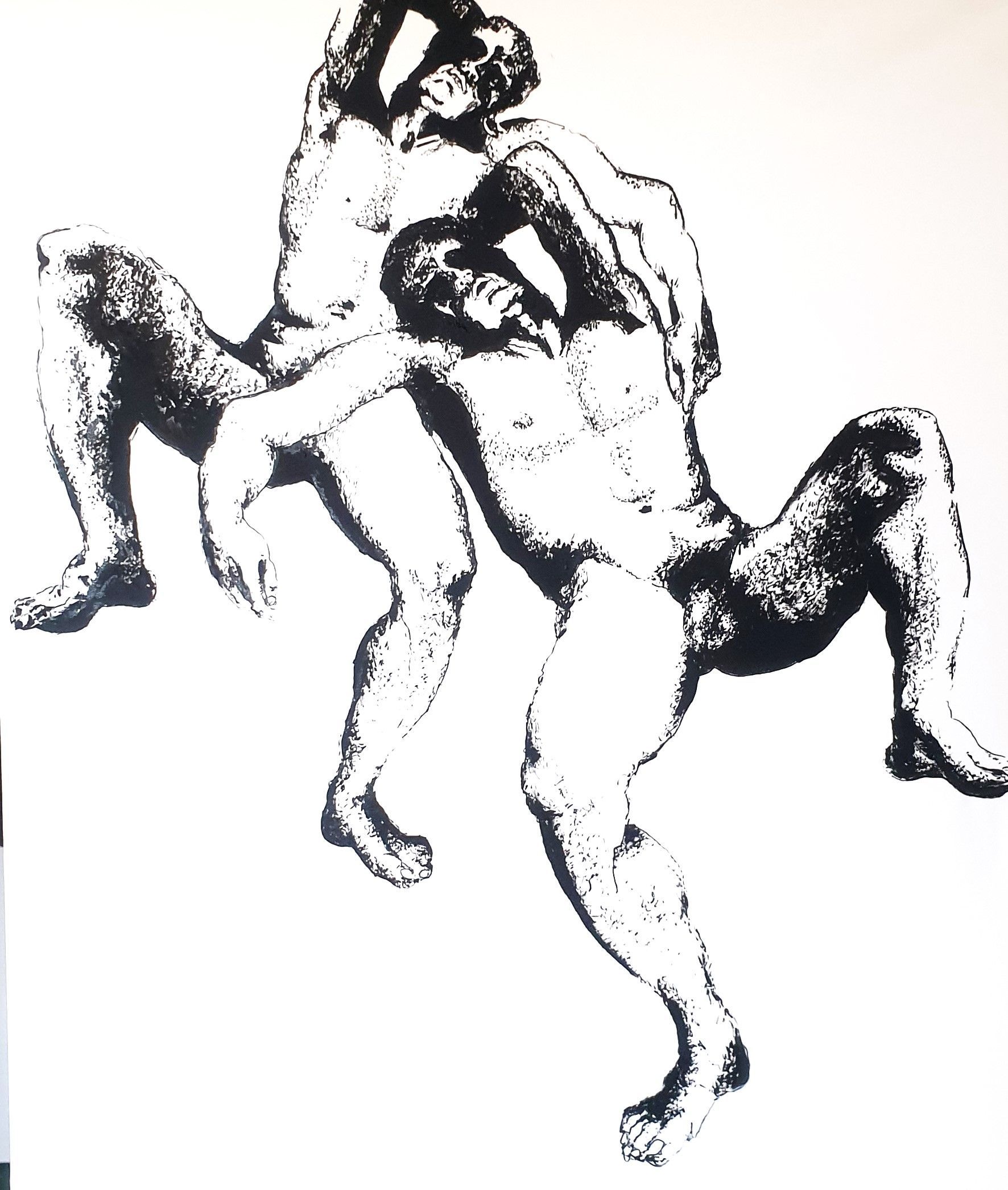 A high-contrast black-and-white ink drawing of two figures in an entangled, grappling pose.