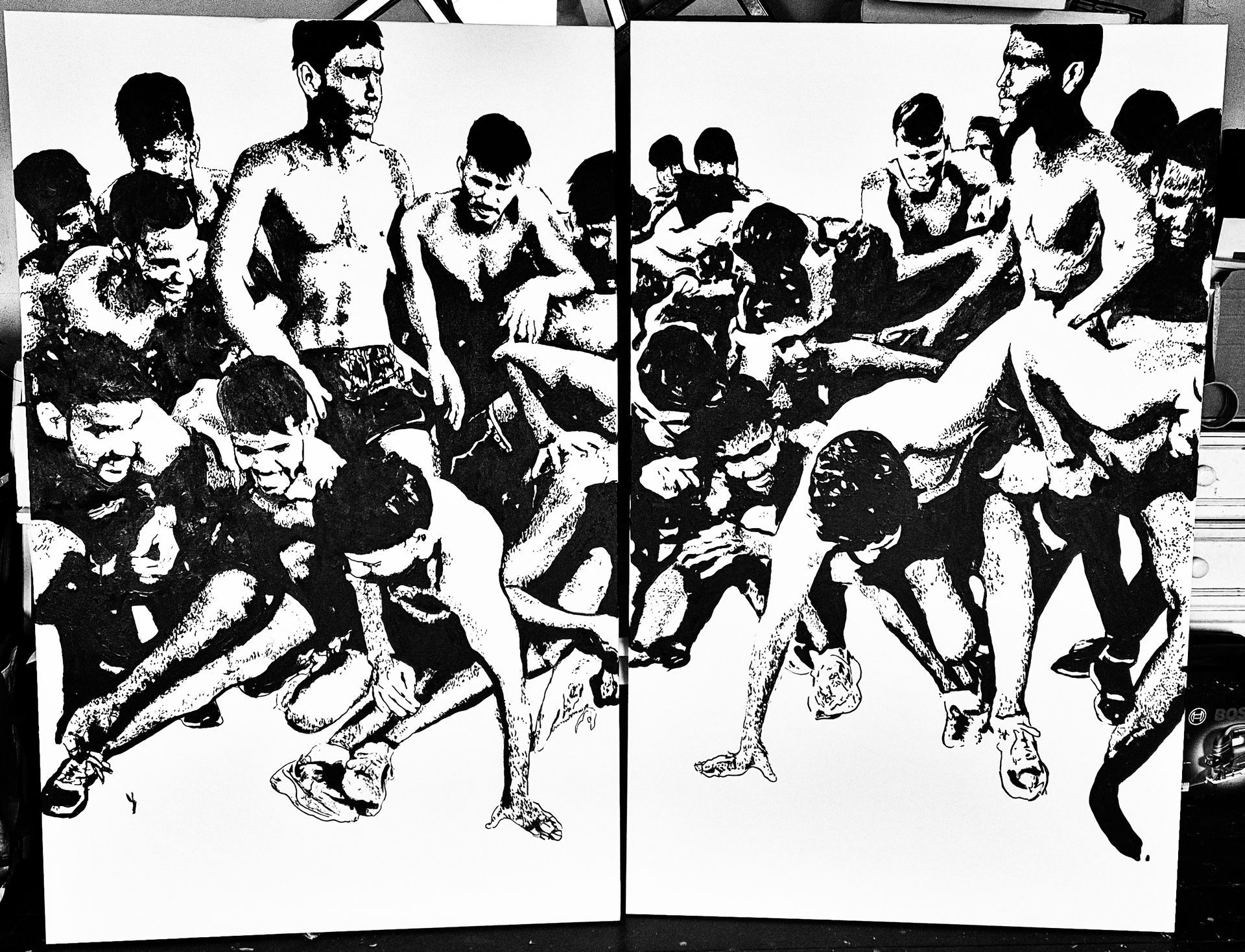 A high-contrast, black-and-white graphic print depicting a dense, stylized cluster of people leaning forward.