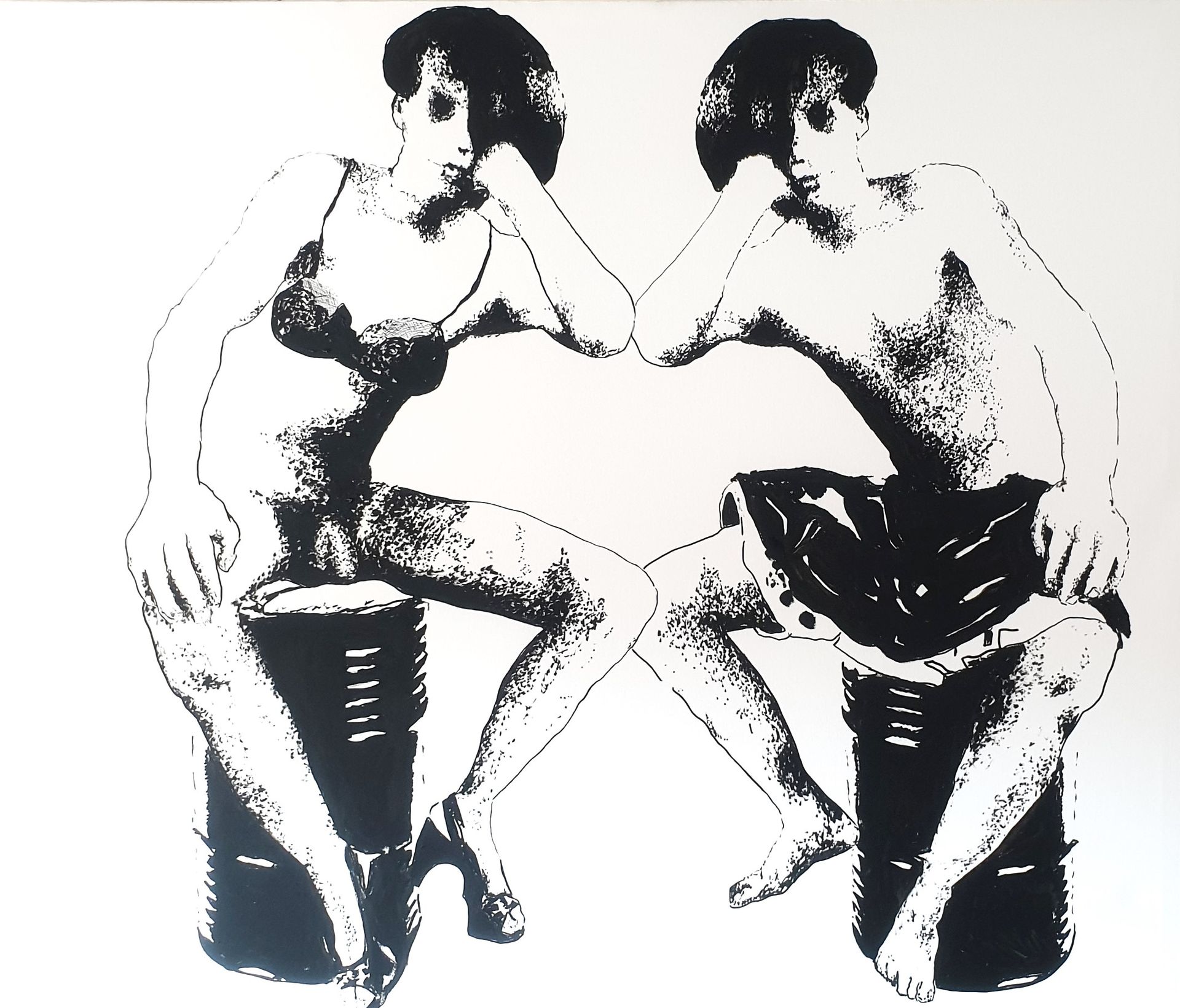 A high-contrast black and white stencil-style print of two figures sitting on drums, each resting their head on a hand.