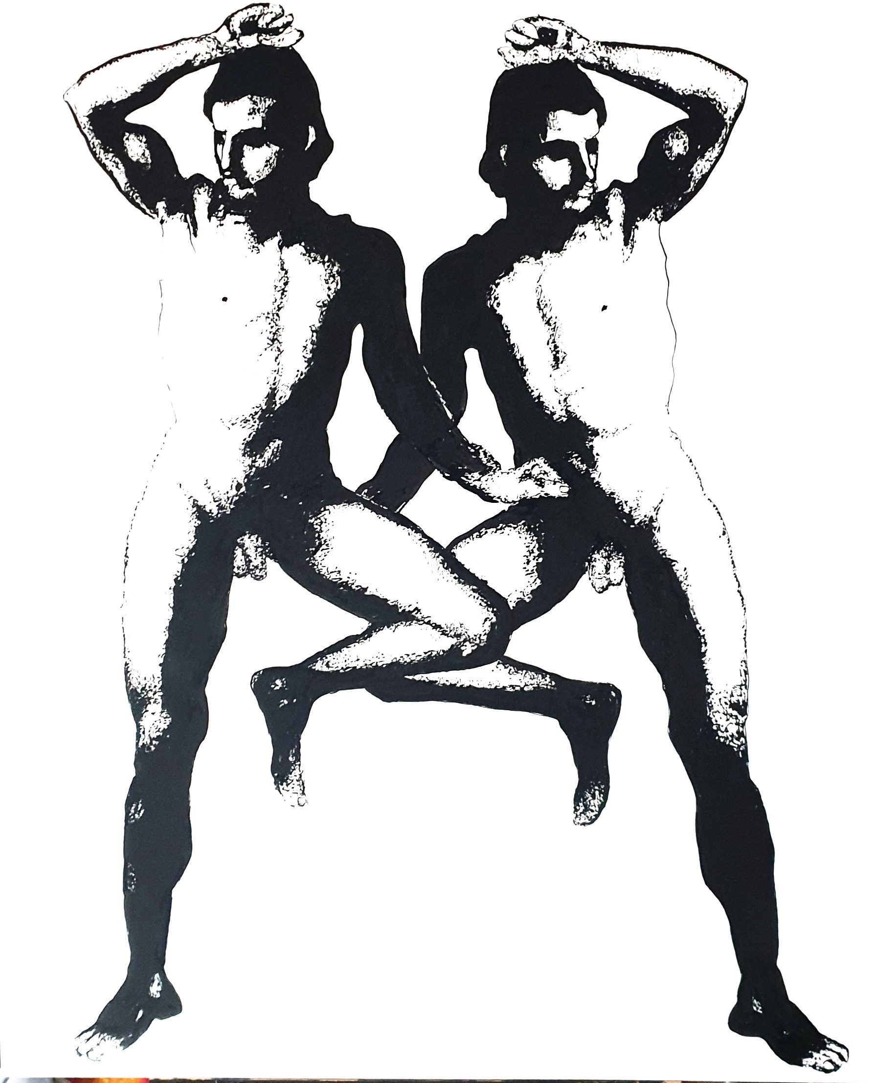a black and white drawing of two men standing next to each other like a painting by Klimt