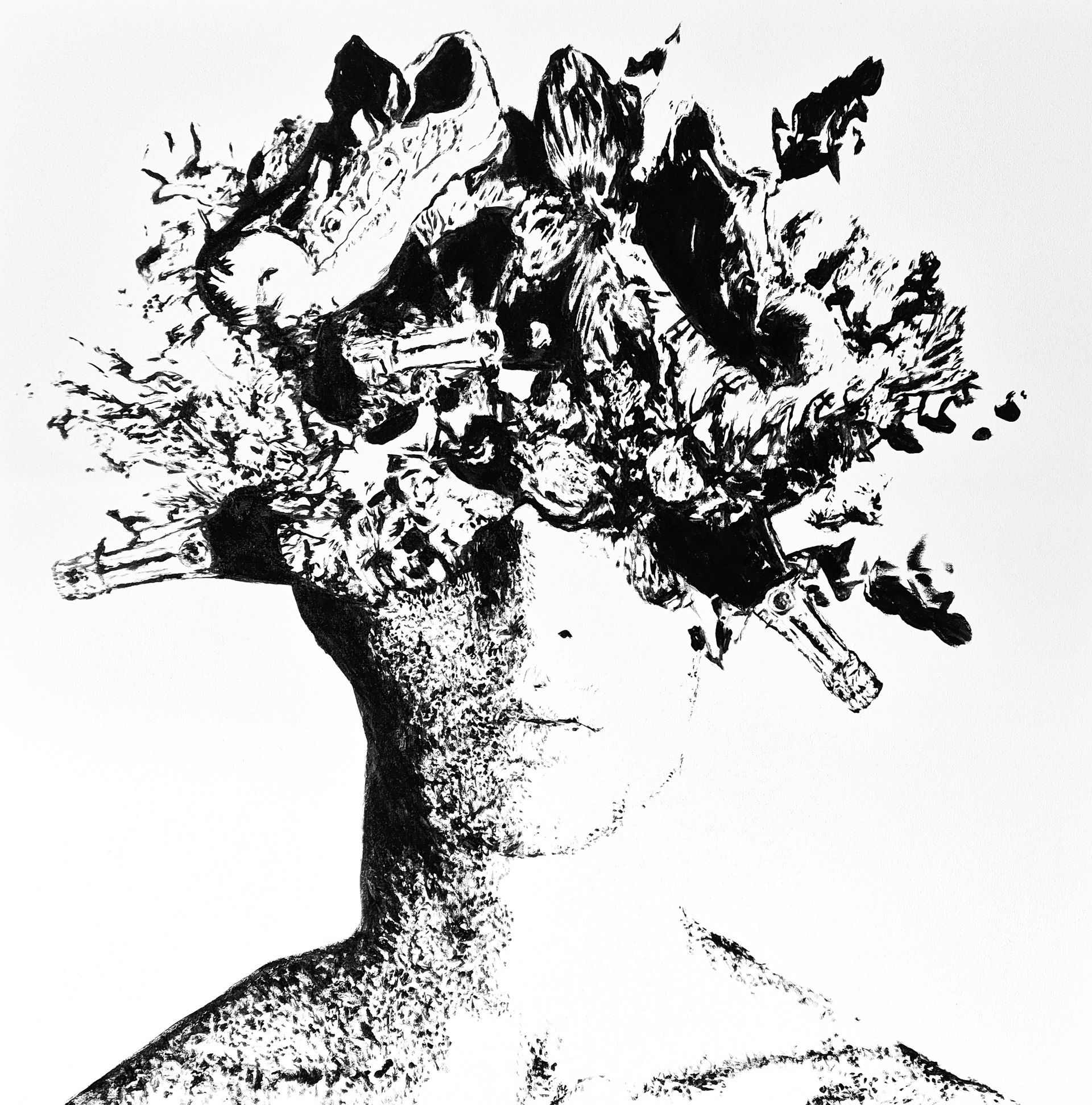 Line drawing of a person with a headdress of plant matter.