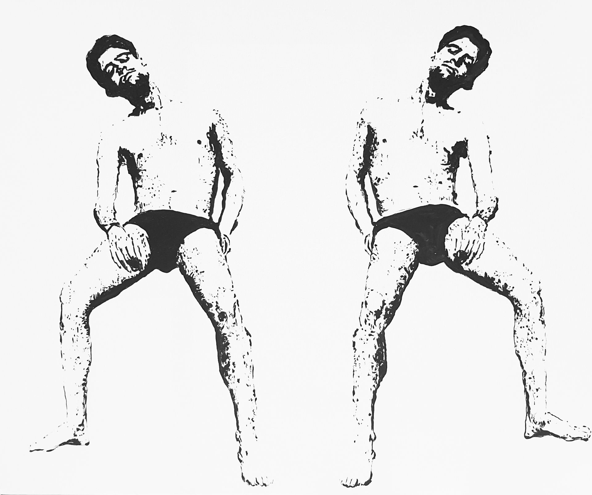 A high-contrast black-and-white graphic of a person in swim trunks, posed twice in a mirrored, wide-stanced tilt.