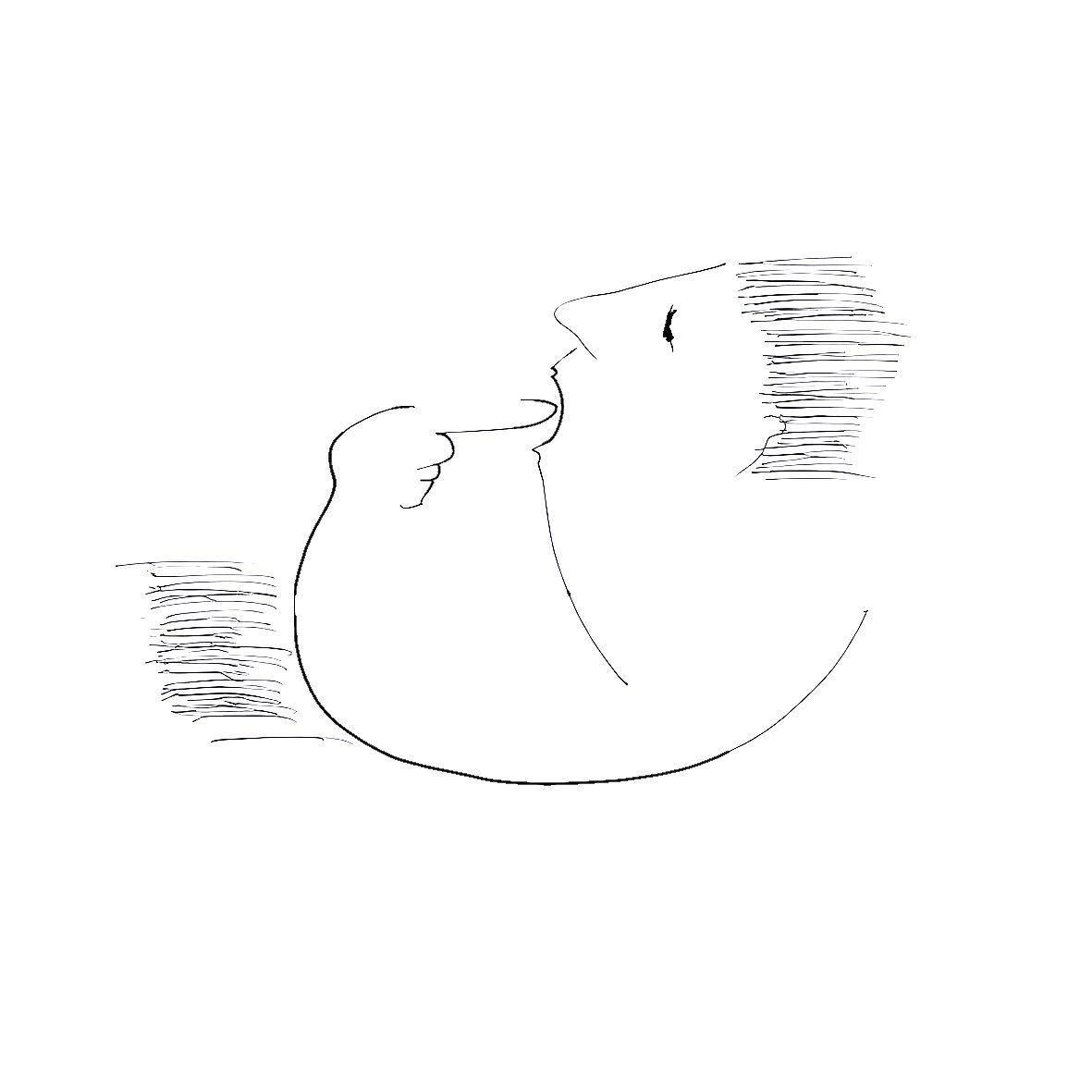 Black-and-white sketch of a seated cat curled into a resting pose, facing right