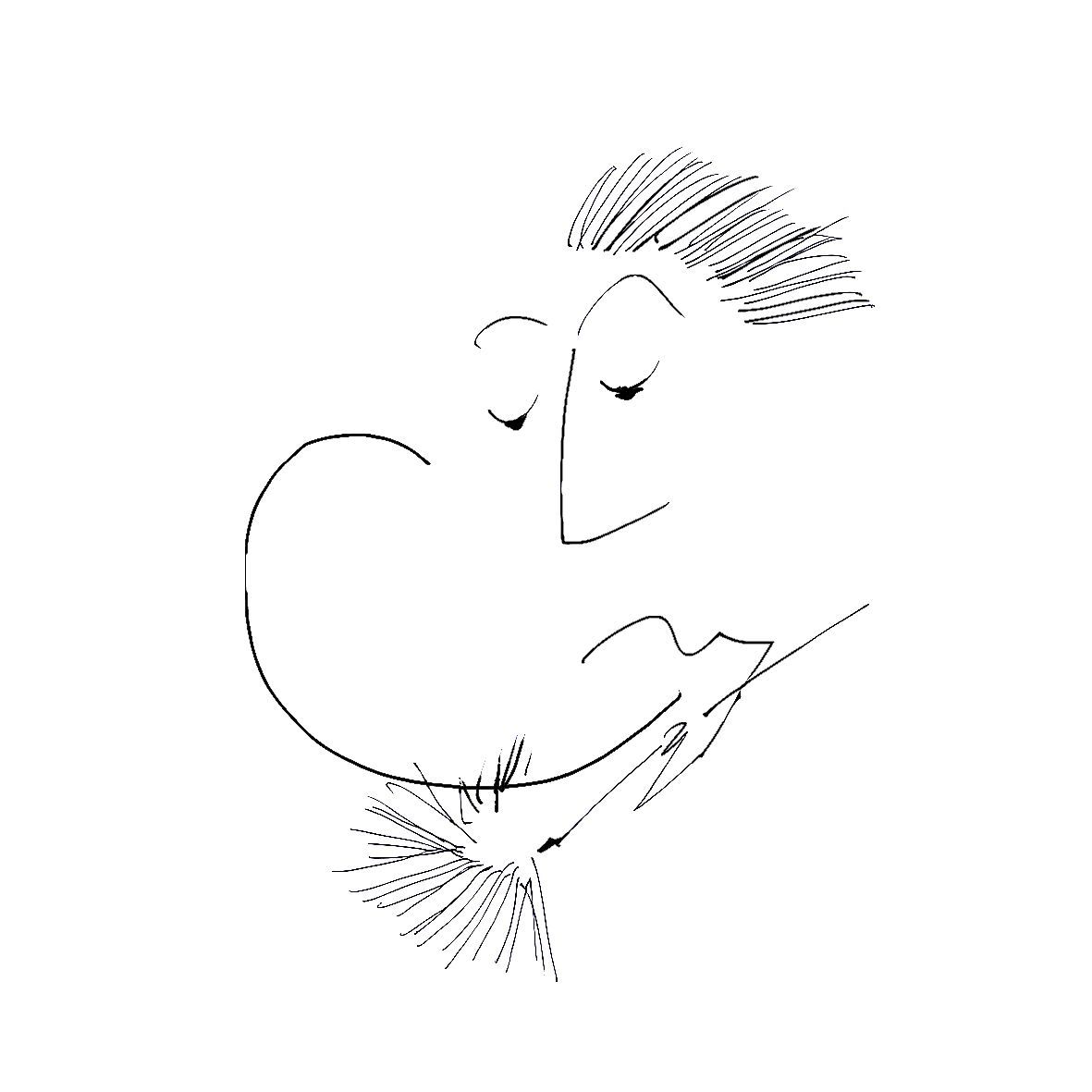 black line drawing of a face with closed eyes and spiky hair on a white background