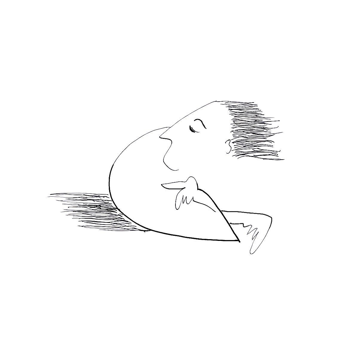 Black-and-white sketch of a reclining person with a large nose and spiky hair, resting on their back.