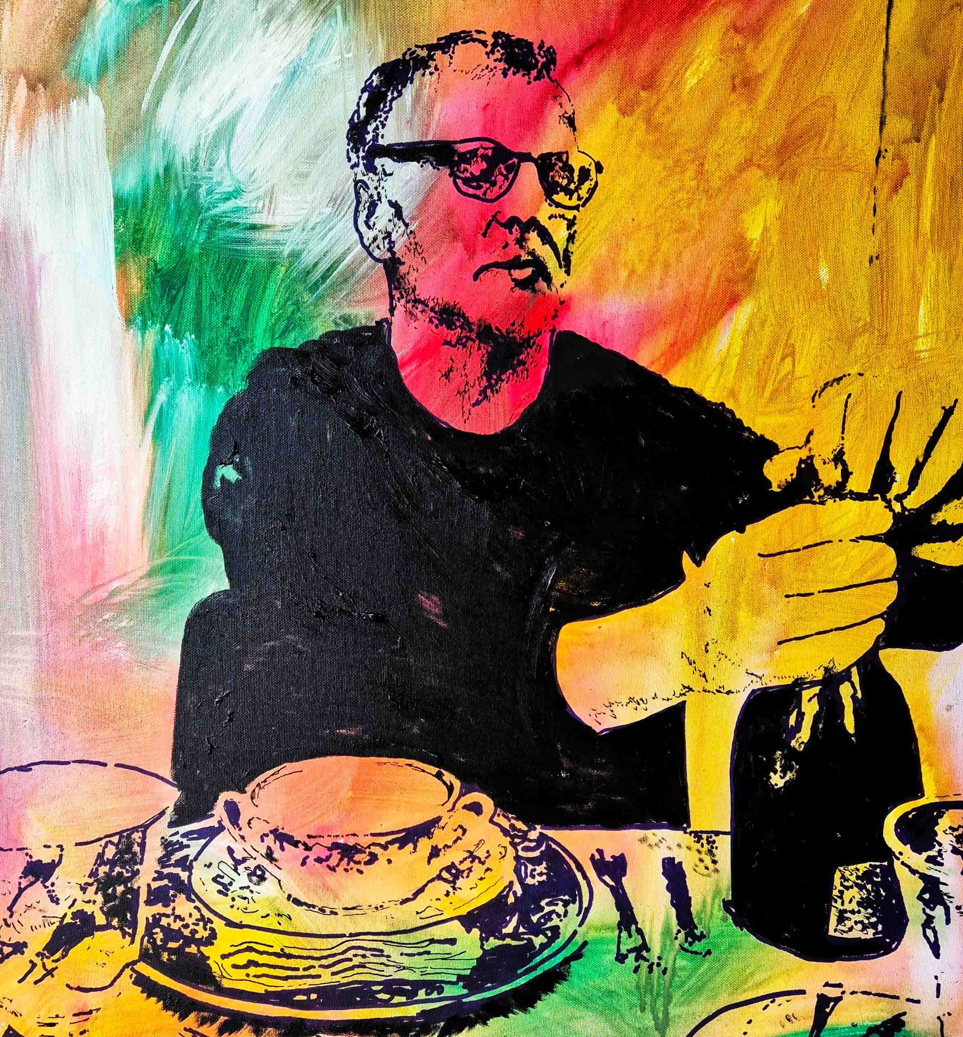 A vibrant, colorful artistic portrait of Garbade  sitting at a table and holding a bottle, with a bowl nearby.
