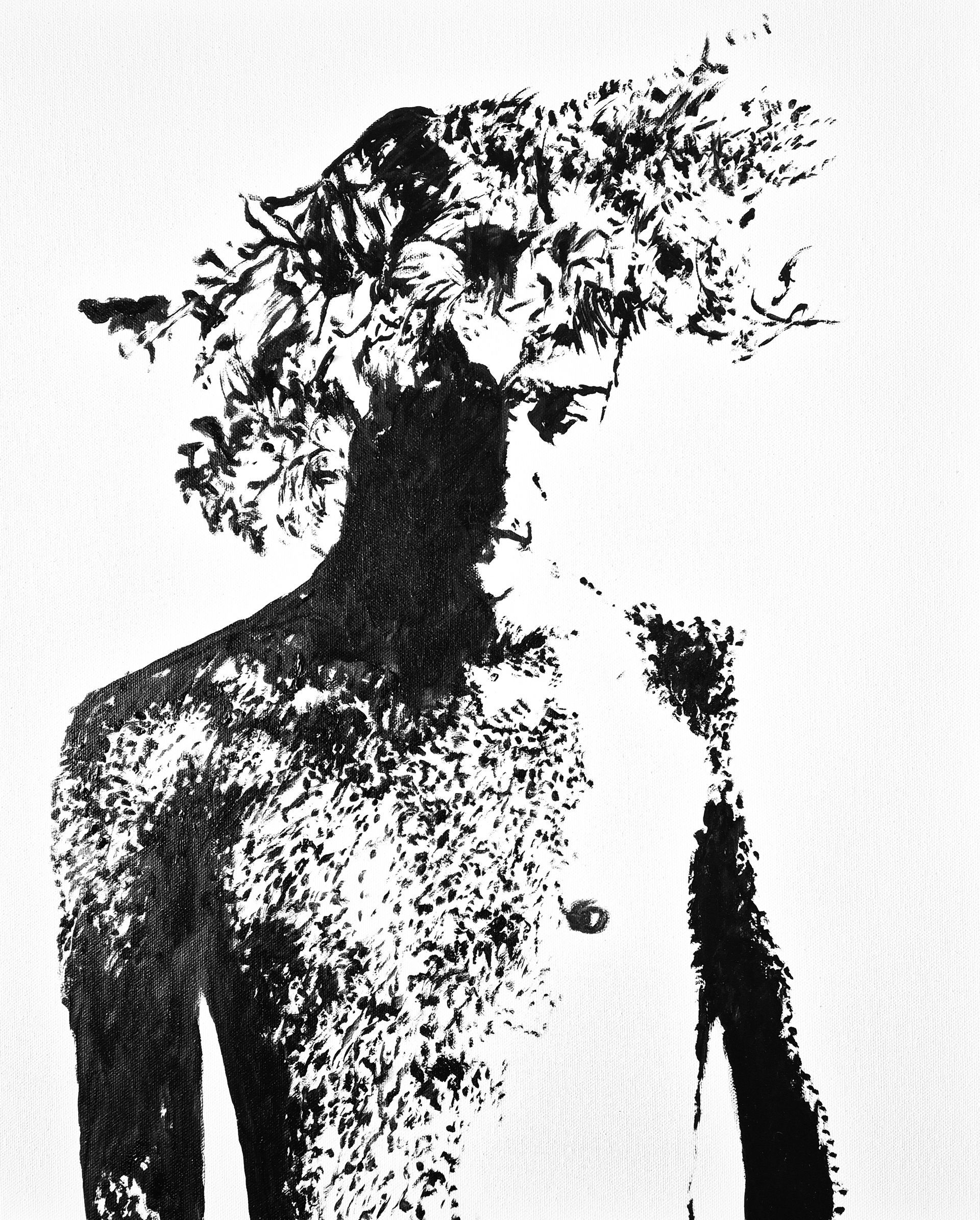 Silhouette of a person with a textured, leafy head covering, torso visible, in high contrast.