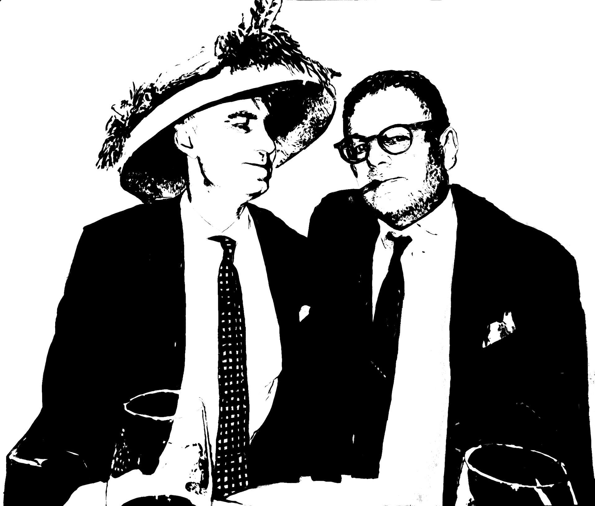 Two people in formal attire and ties sit at a table; one wears a wide-brimmed hat, the other wears glasses.