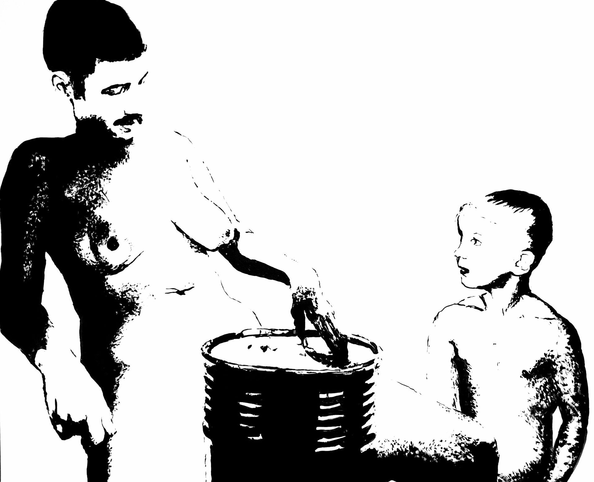 A high-contrast black and white image shows a person reaching into a large, cylindrical container beside a child.