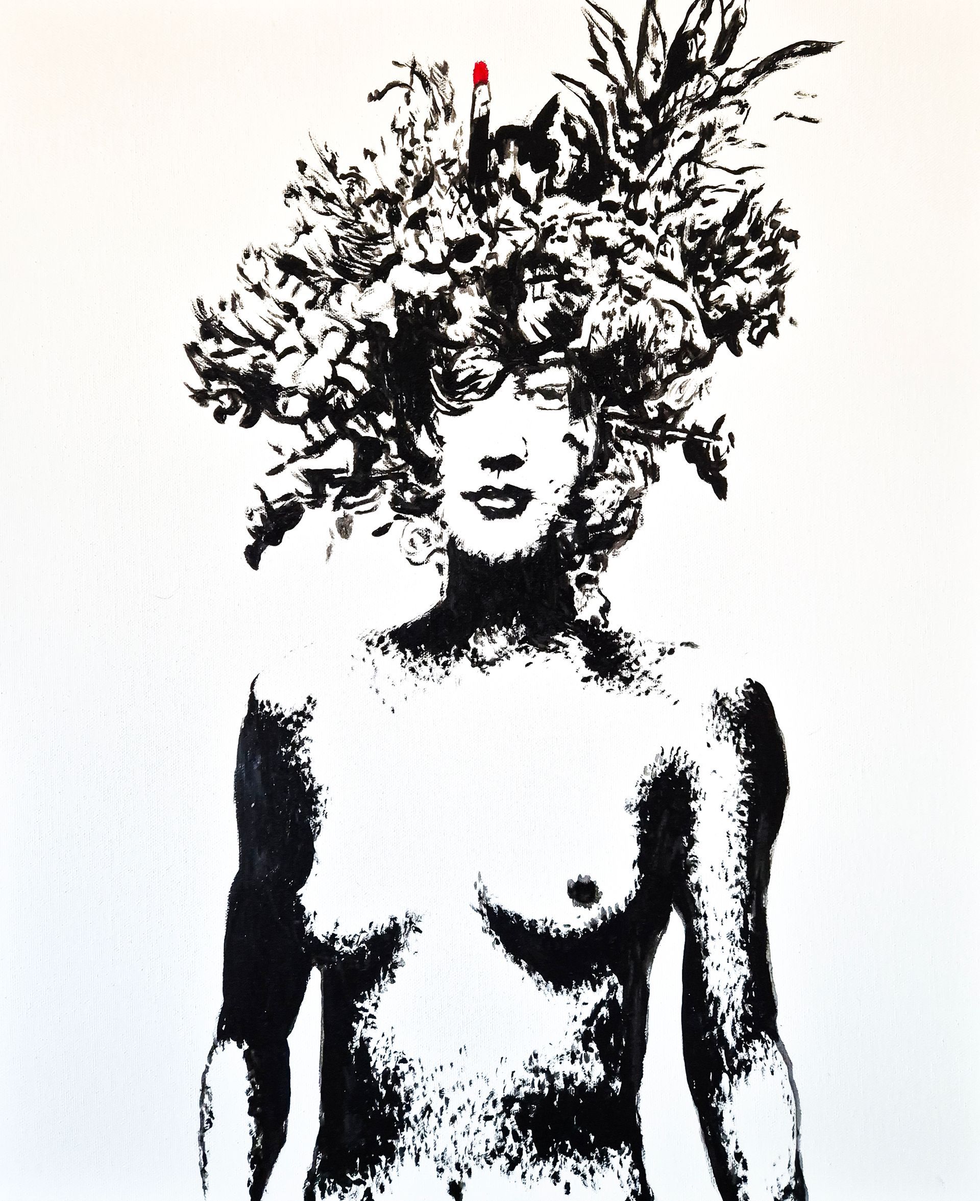 A black and white drawing of a woman with flowers in her hair