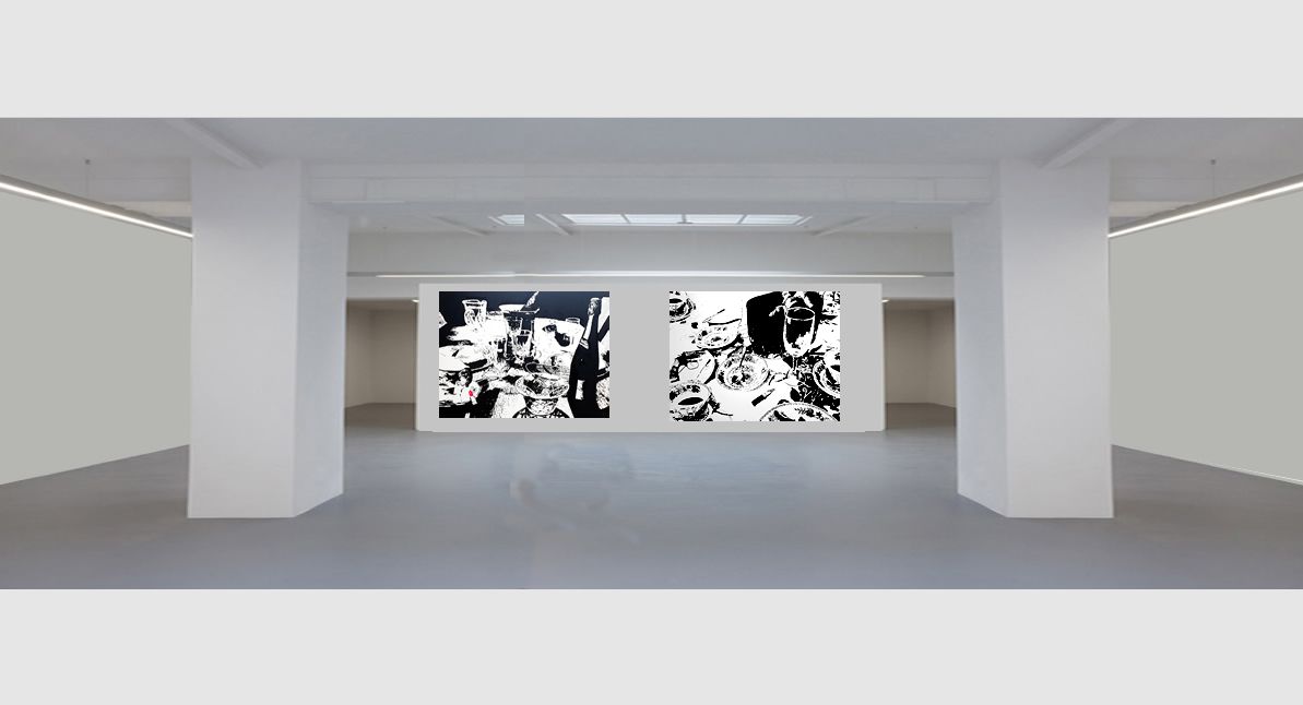 Minimalist gallery room with two abstract black-and-white artworks on the far wall.