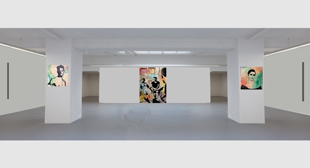 garbade gallery with white walls and three colorful abstract paintings on display.