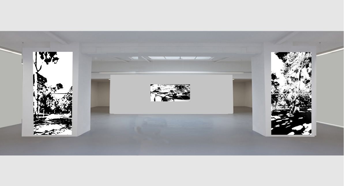 an empty room with a few paintings off trees on the wall