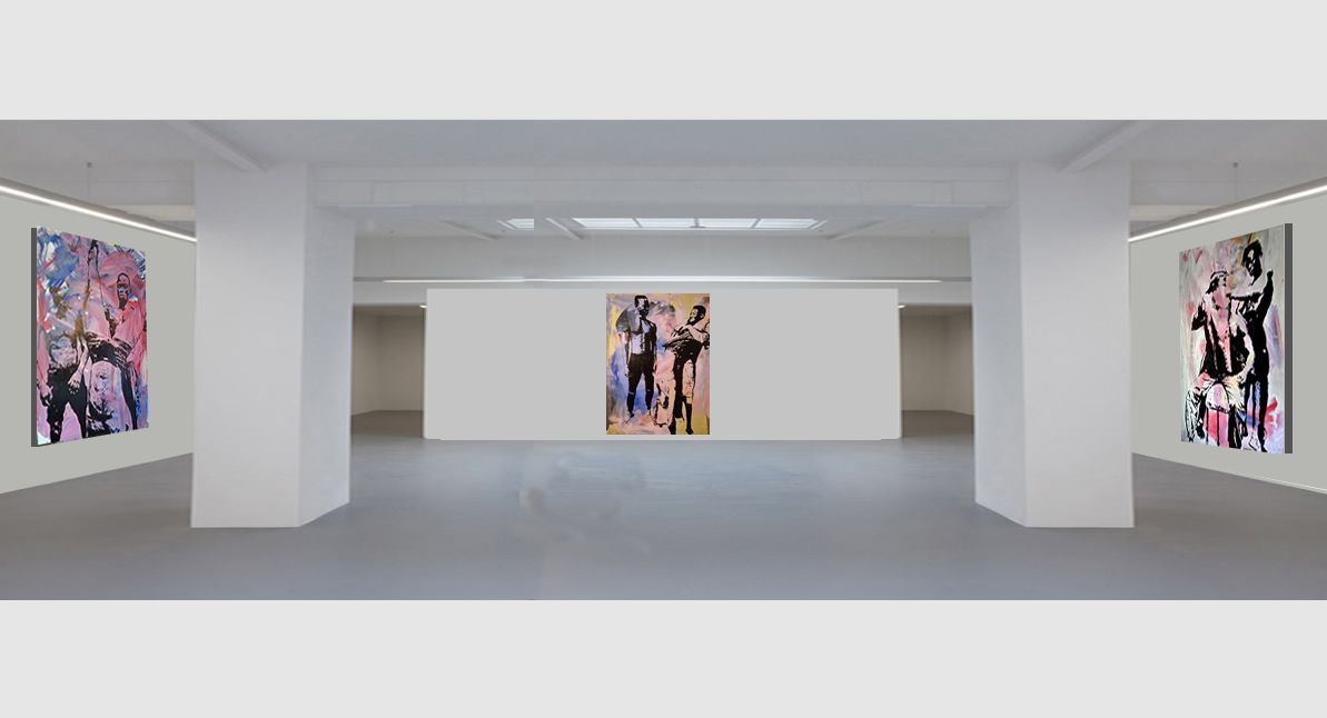 Modern art gallery with colorful figurative paintings on white walls in a spacious room