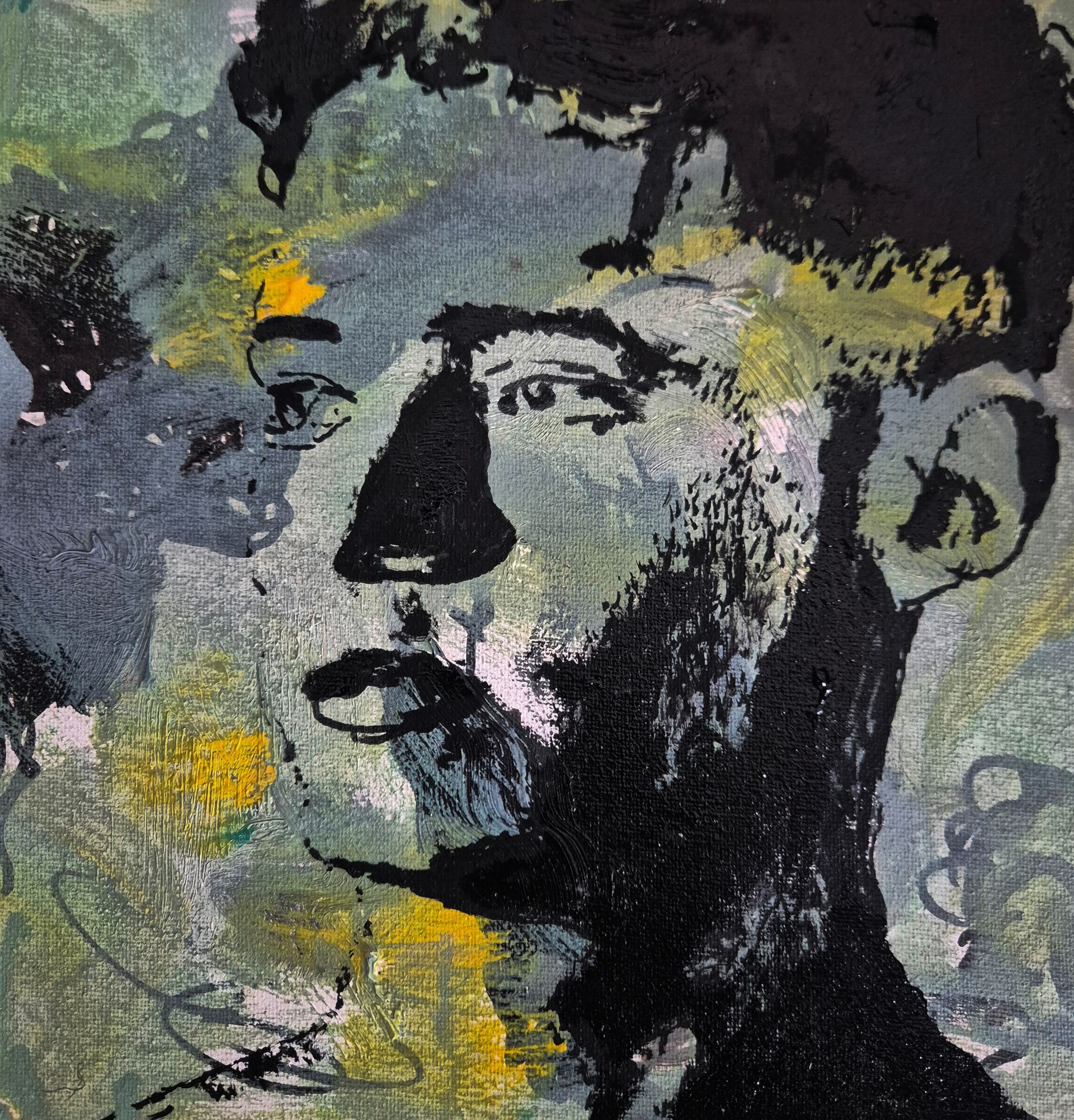 Abstract painted portrait in muted gray, black, and yellow tones with a side profile and textured brushstrokes