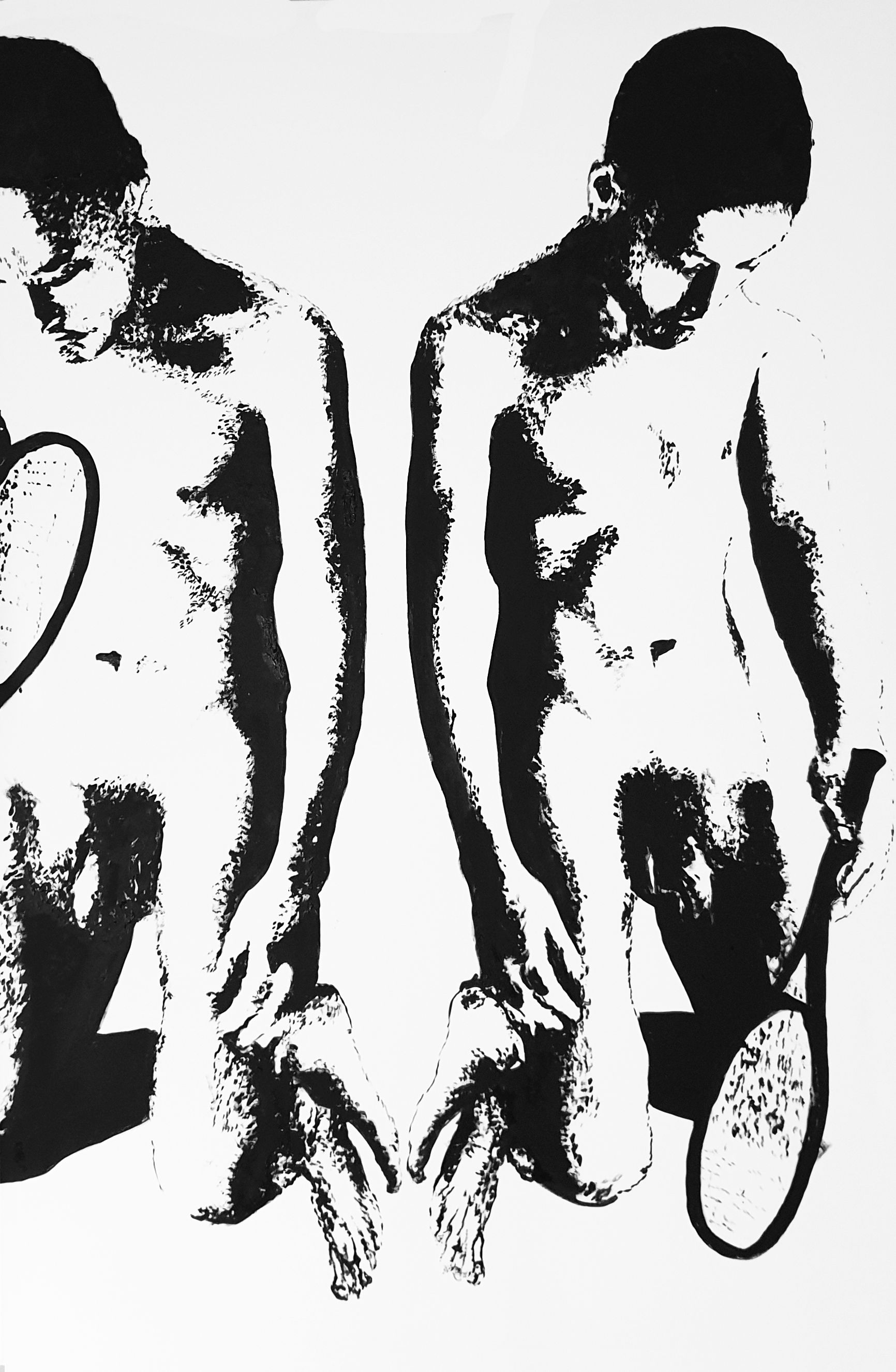 Two mirrored, high-contrast figures kneel on a white background, each holding a tennis racket.