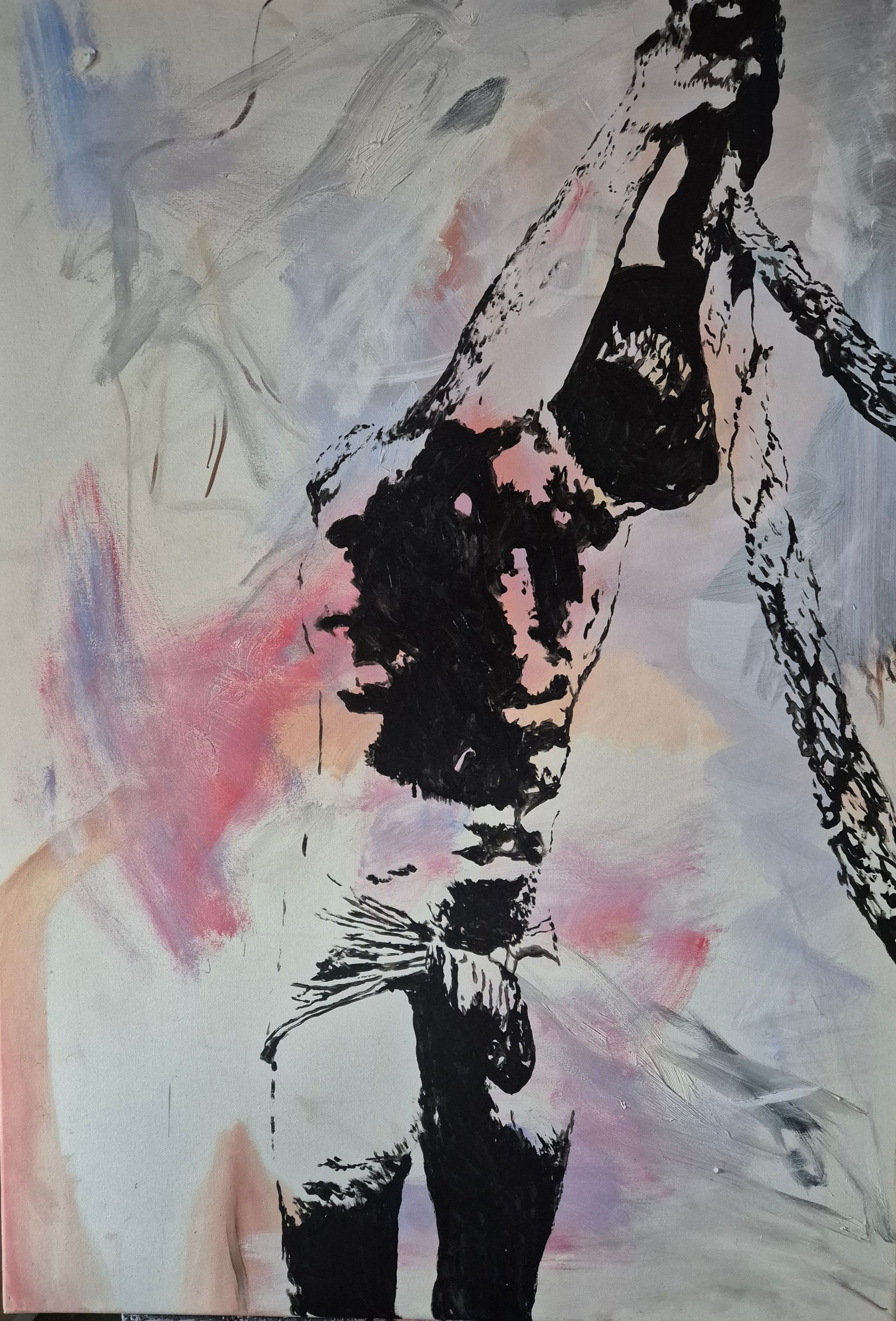 An abstract, mixed-media painting featuring a black, textured figure in a dynamic pose against a muted, colorful background.