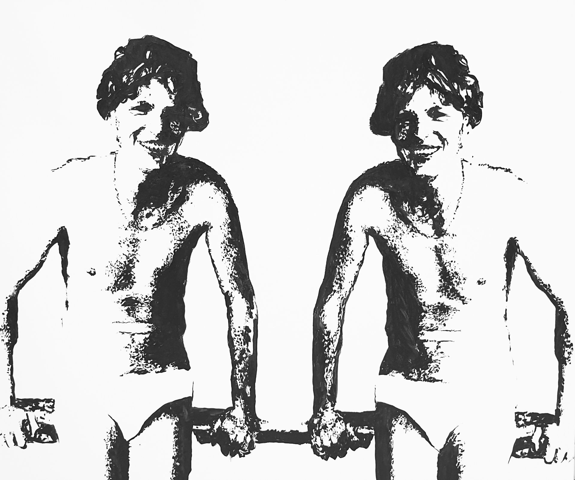 Two people stand side-by-side, each resting their hands on a horizontal bar in front of them.