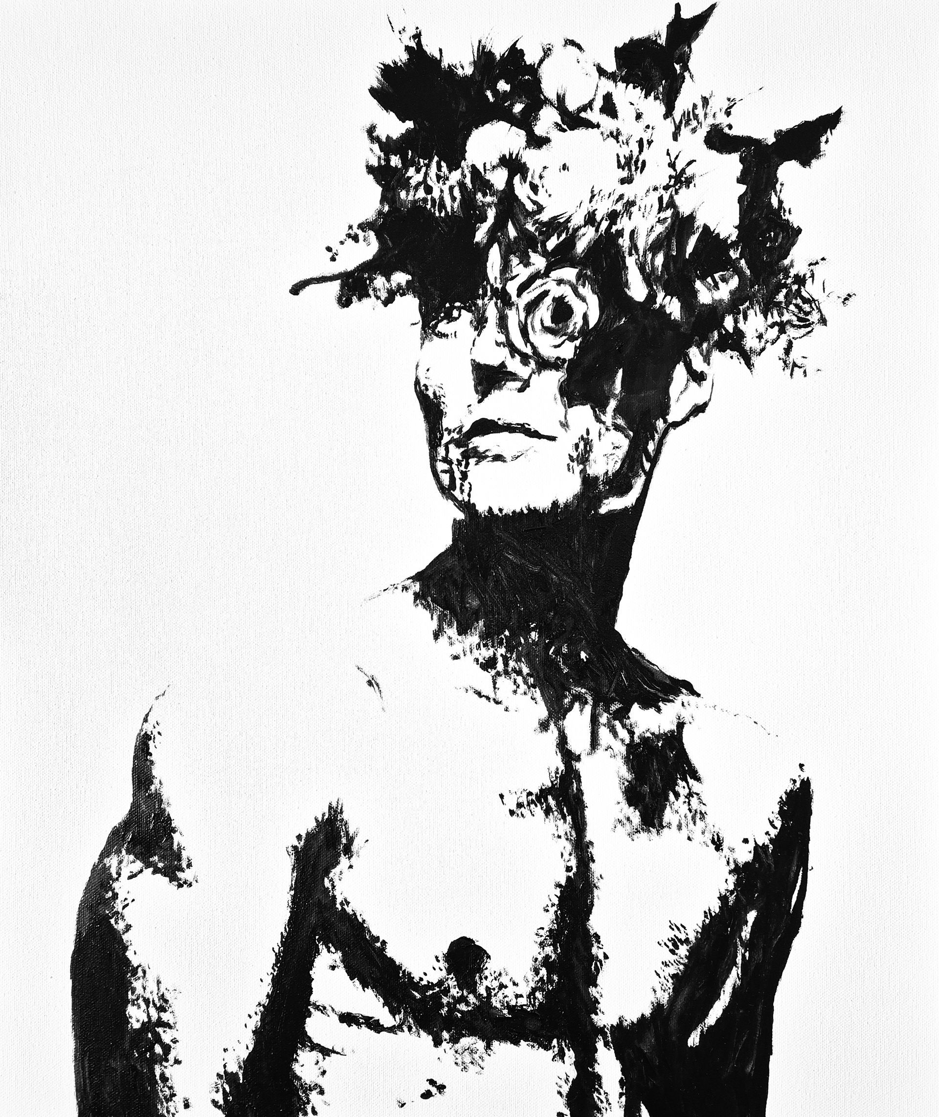 A black and white drawing of a man with flowers on his head