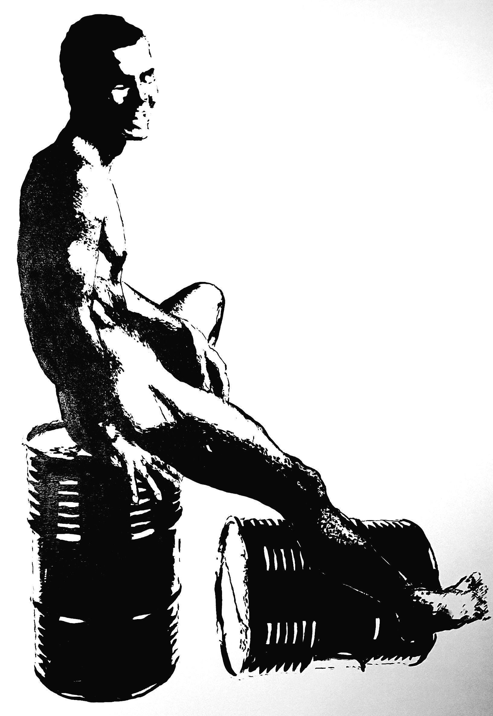 A person sits on an upright oil drum with one foot resting on a horizontal drum, rendered in high-contrast black and white.