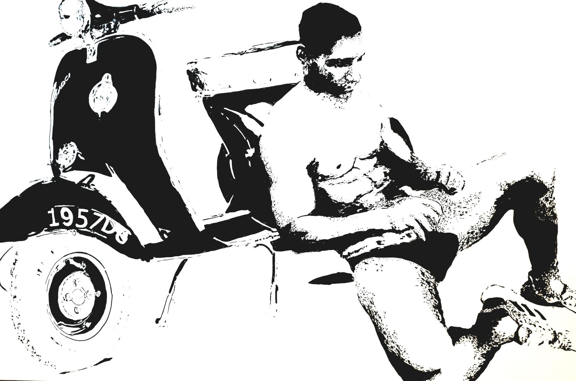 A shirtless person sits next to a 1957 Lambretta scooter, with one hand resting on their leg.