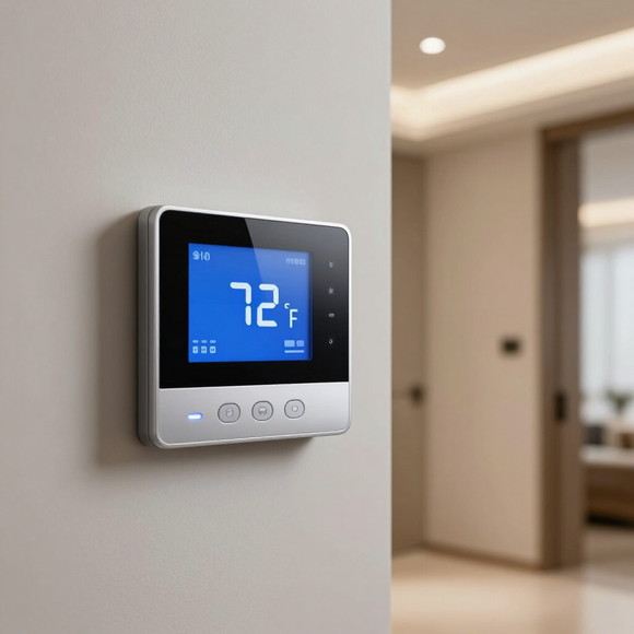 Wall-mounted digital thermostat on a beige wall displaying 72°F in a modern room