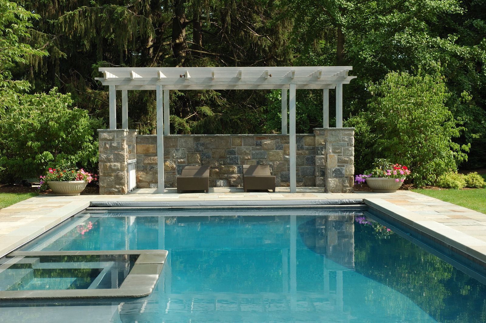 A large swimming pool with a pergola over it