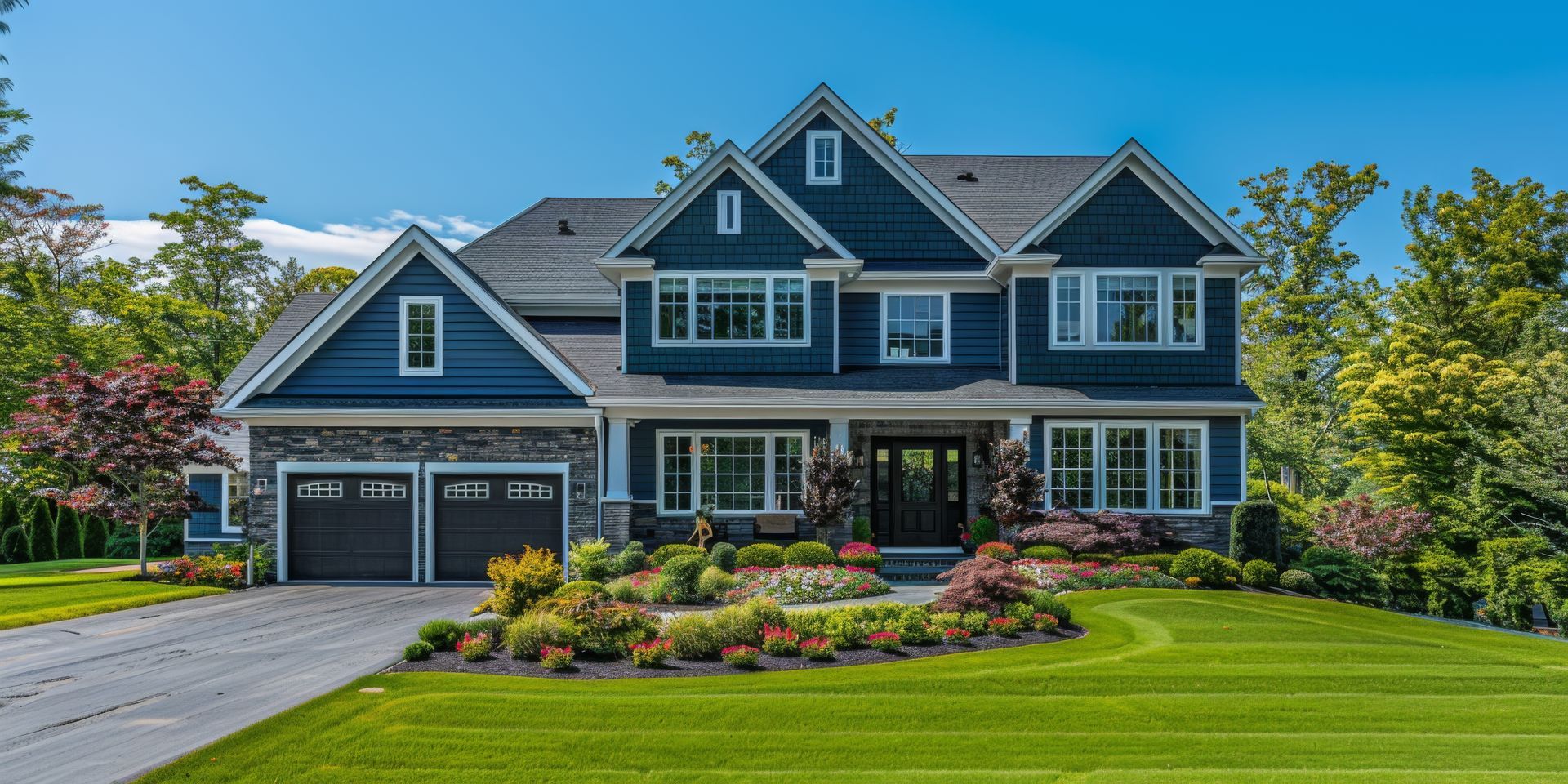A large house with a lot of windows and a lush green lawn.