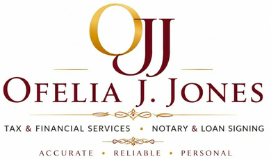 OFELIA J JONES Ofelia J. Jones tax and financial services logo in gold and maroon with tagline “Accurate. Reliable. Personal.”
