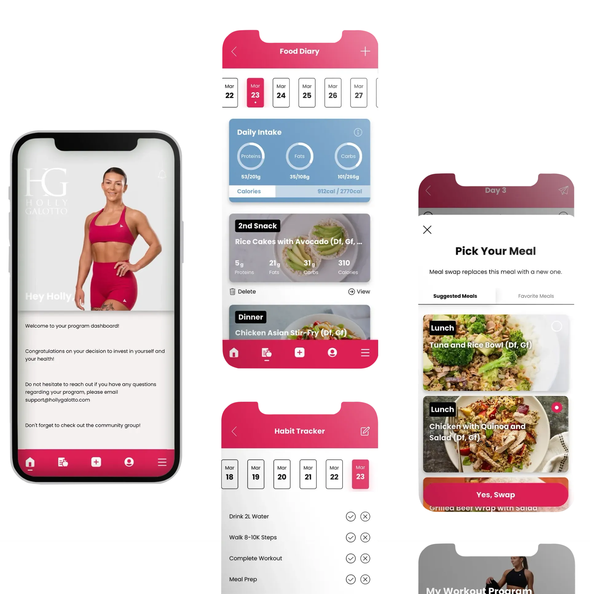 A smartphone and app screen mockups with red backgrounds, for design or presentation.
