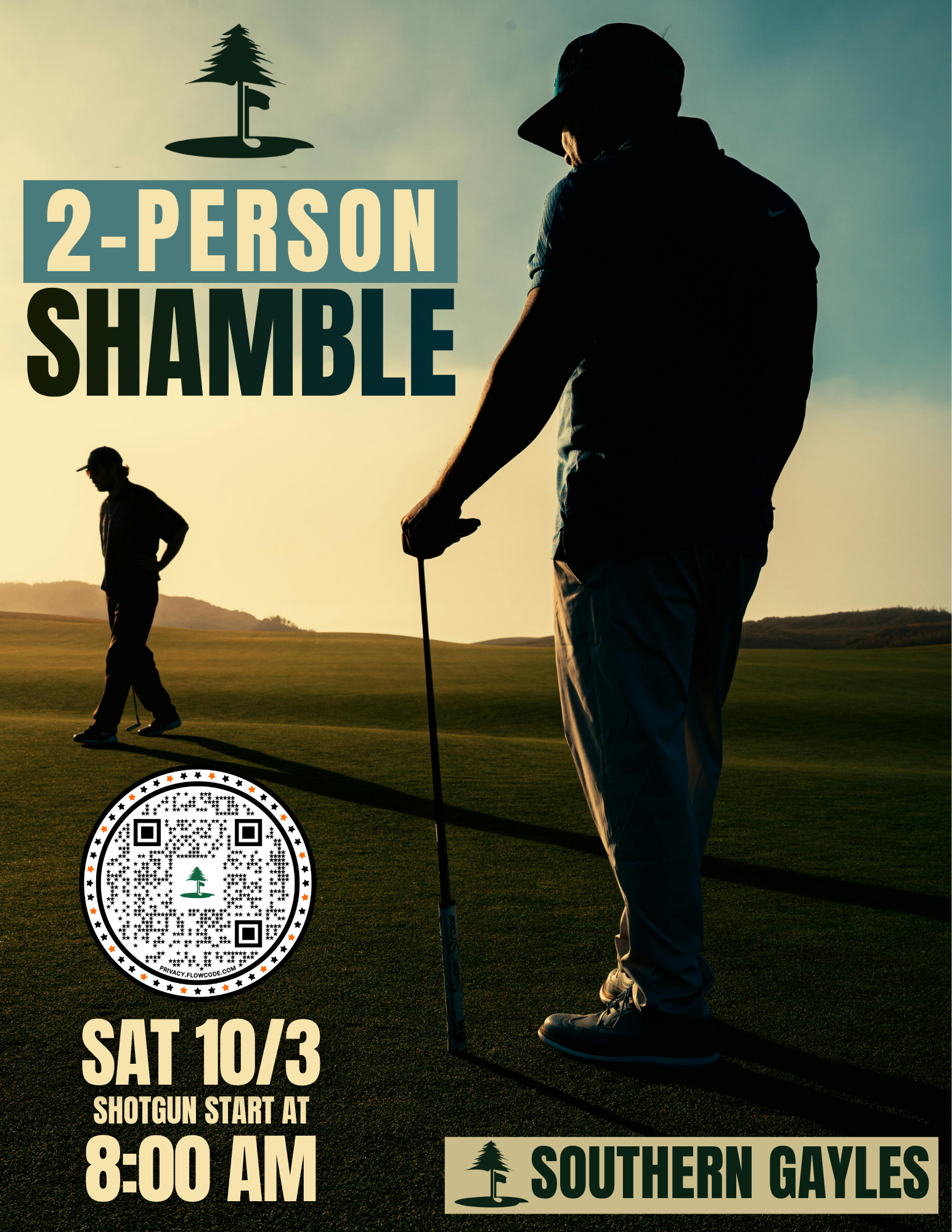Golf event poster for a 2-person shamble at Southern Gales, 8:00 AM, with golfers at sunset.