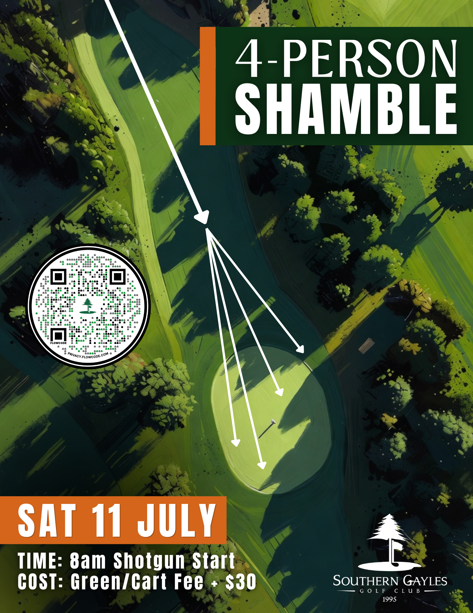 Poster for a 4-person shamble golf event on Sat 11 July